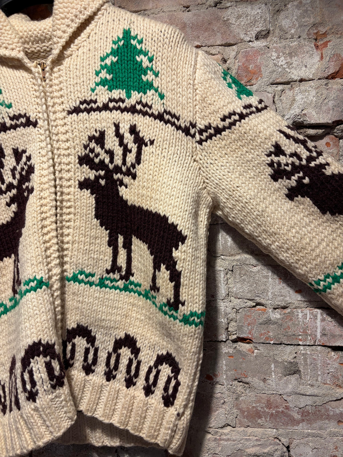 Sleeve on 1960s Cream Deer Cowichan Sweater SZ L
