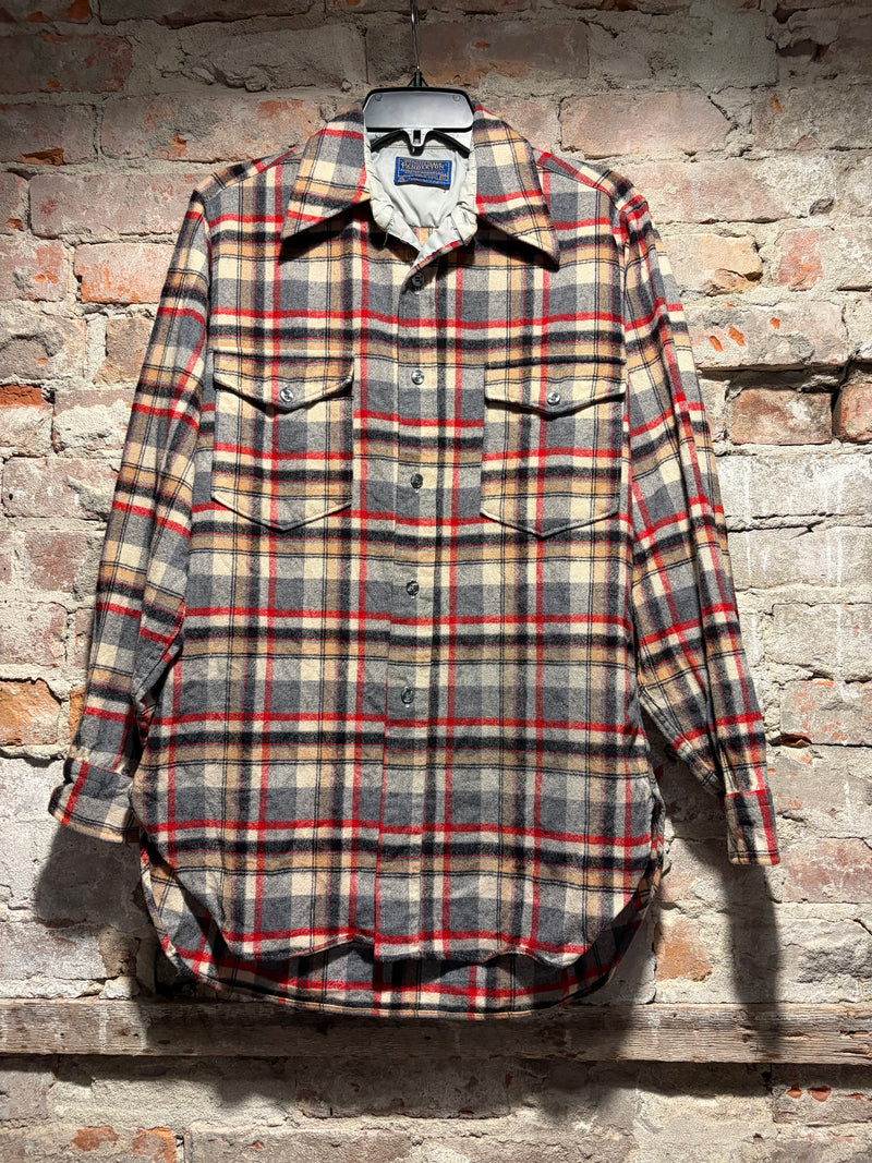 Front of Vintage Grey Plaid Pendleton Wool Flannel SZ M