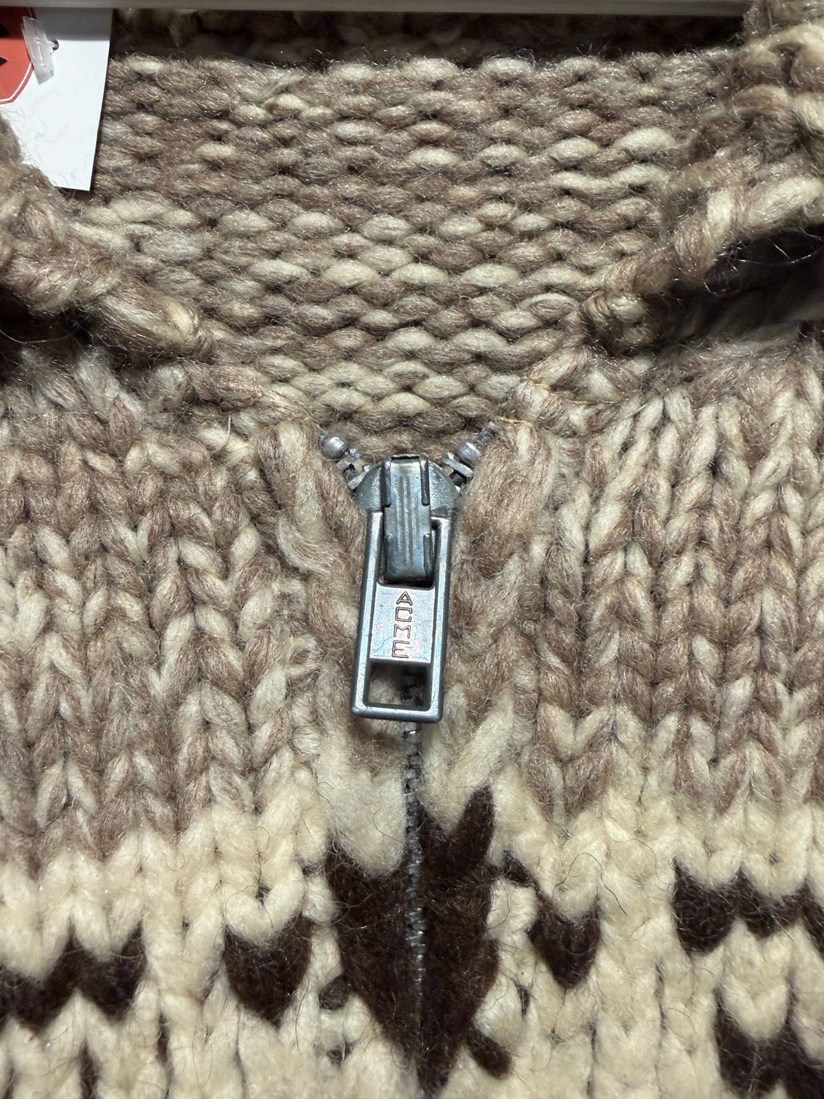 Zipper on Vintage Brown and White Stripe Cowichan Sweater Sz XL