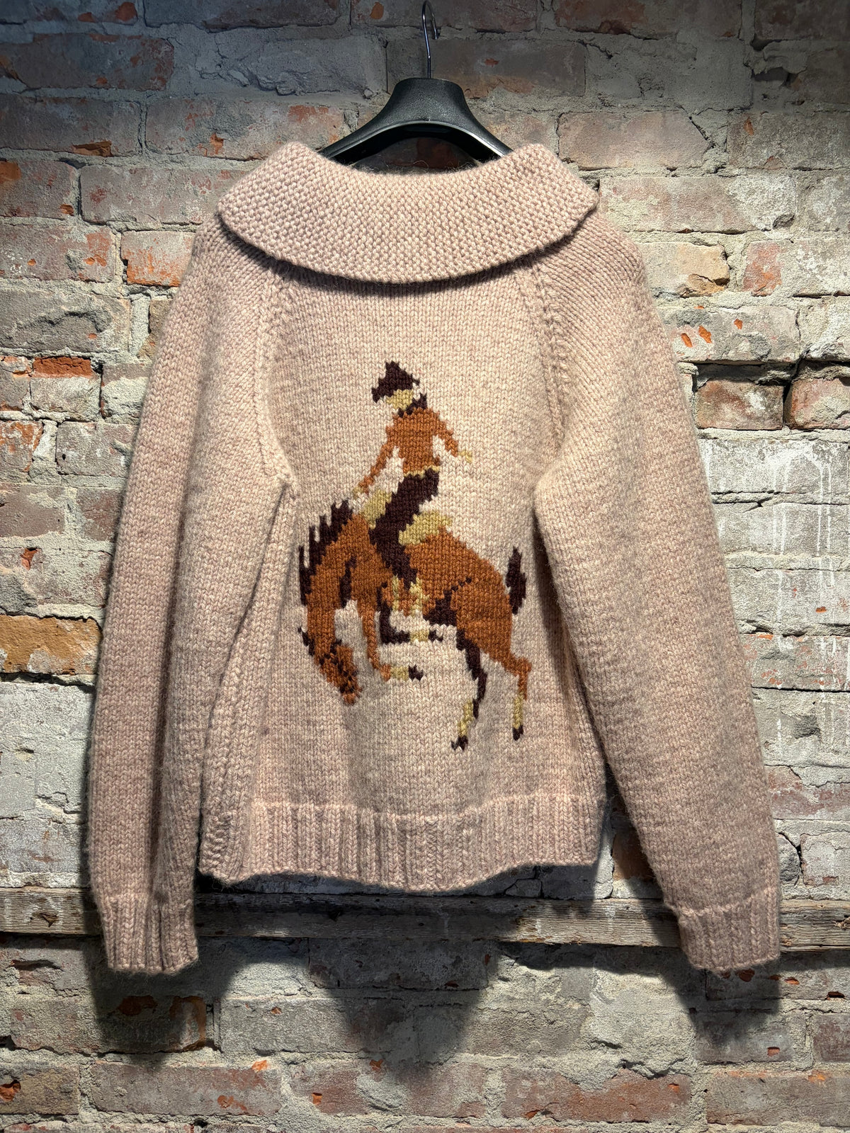 Back of Vintage 1950s Bucking Bronco Cowichan Sweater Sz L