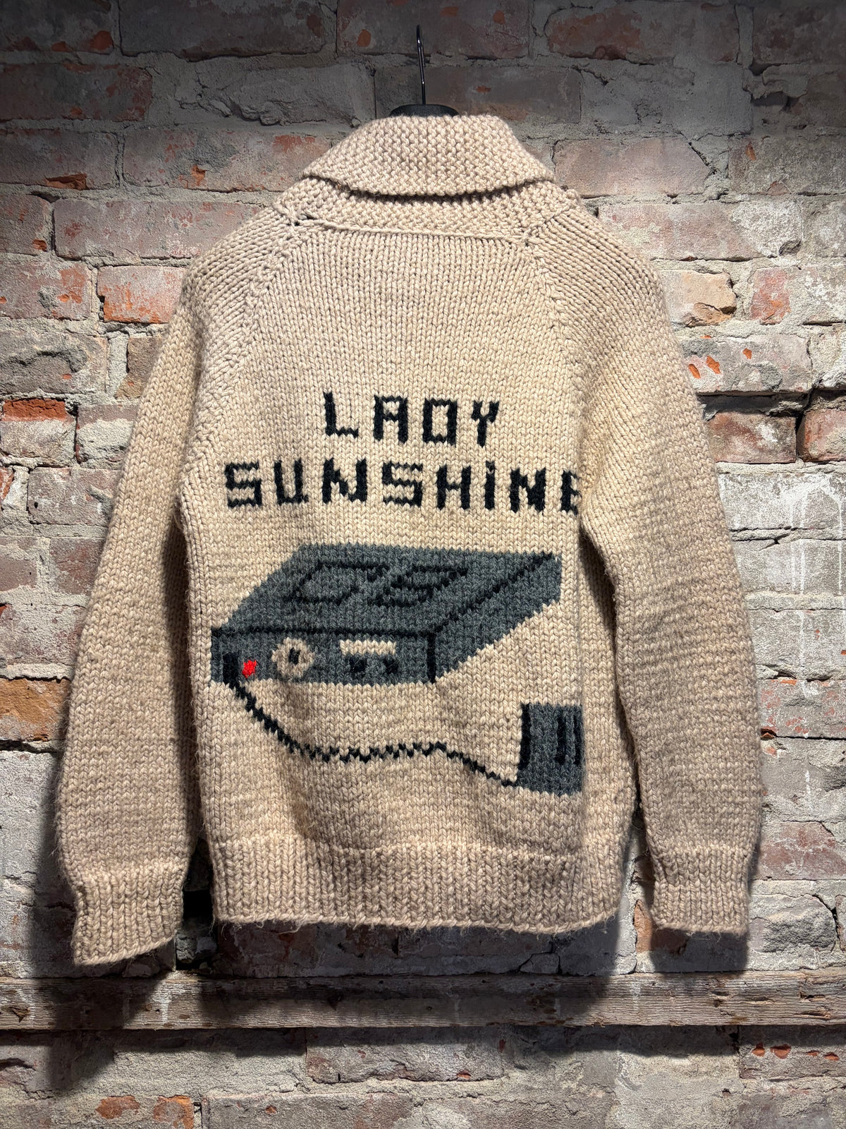 Back of Vintage Lady Sunshine CB Radio Cowichan Style Sweater SZ L