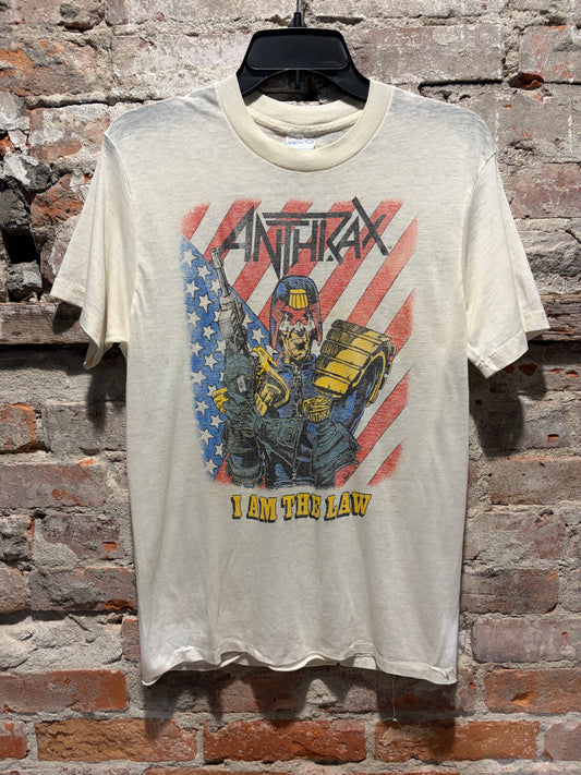 Front of Vintage 80s Anthrax I Am the Law Dredd Tee SZ L