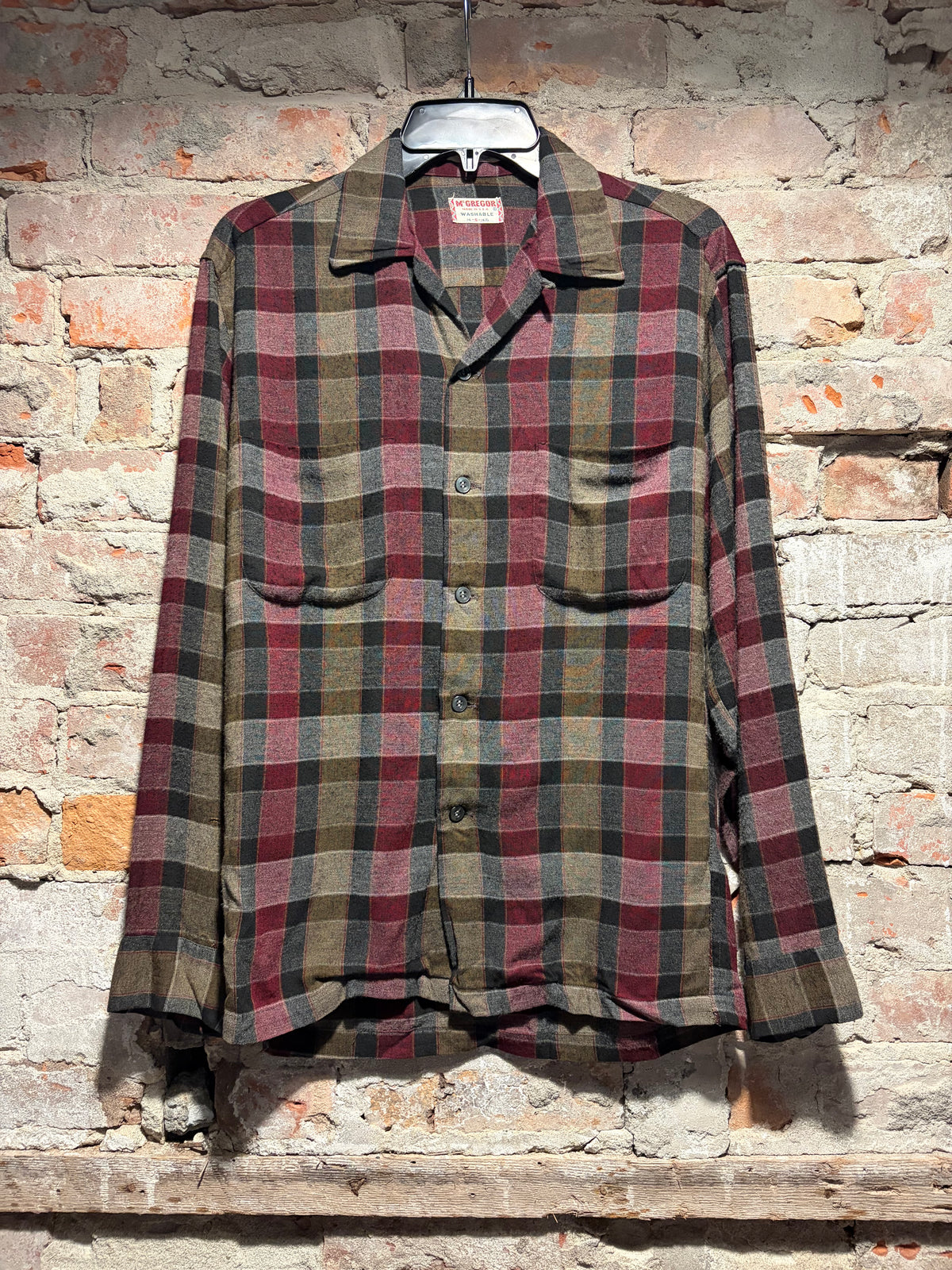 Front of 1960s Rayon Plaid McGregor Loop Collar Shirt SZ S