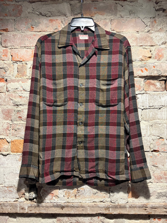 Front of 1960s Rayon Plaid McGregor Loop Collar Shirt SZ S