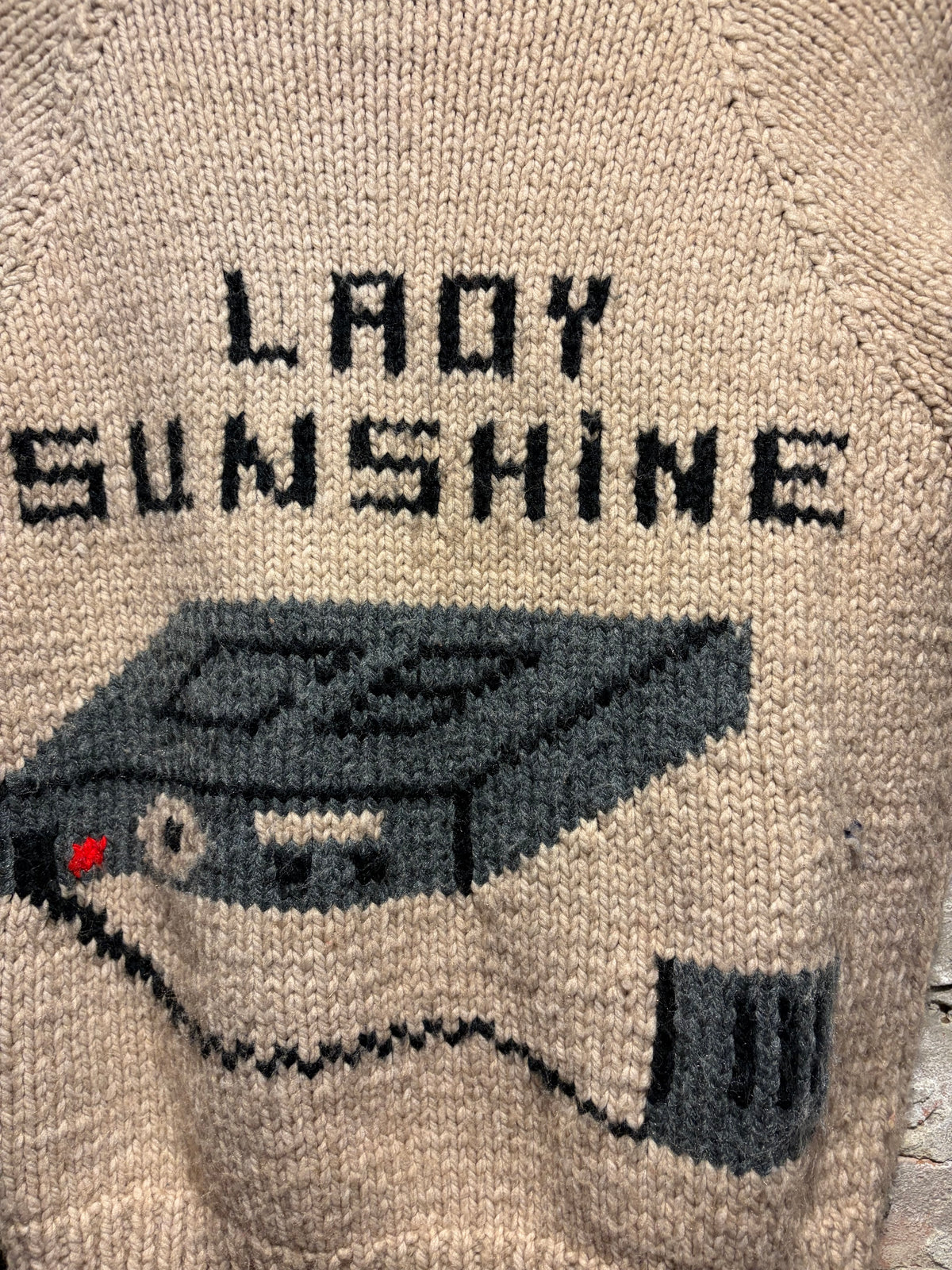 Back Design on Vintage Lady Sunshine CB Radio Cowichan Style Sweater SZ L