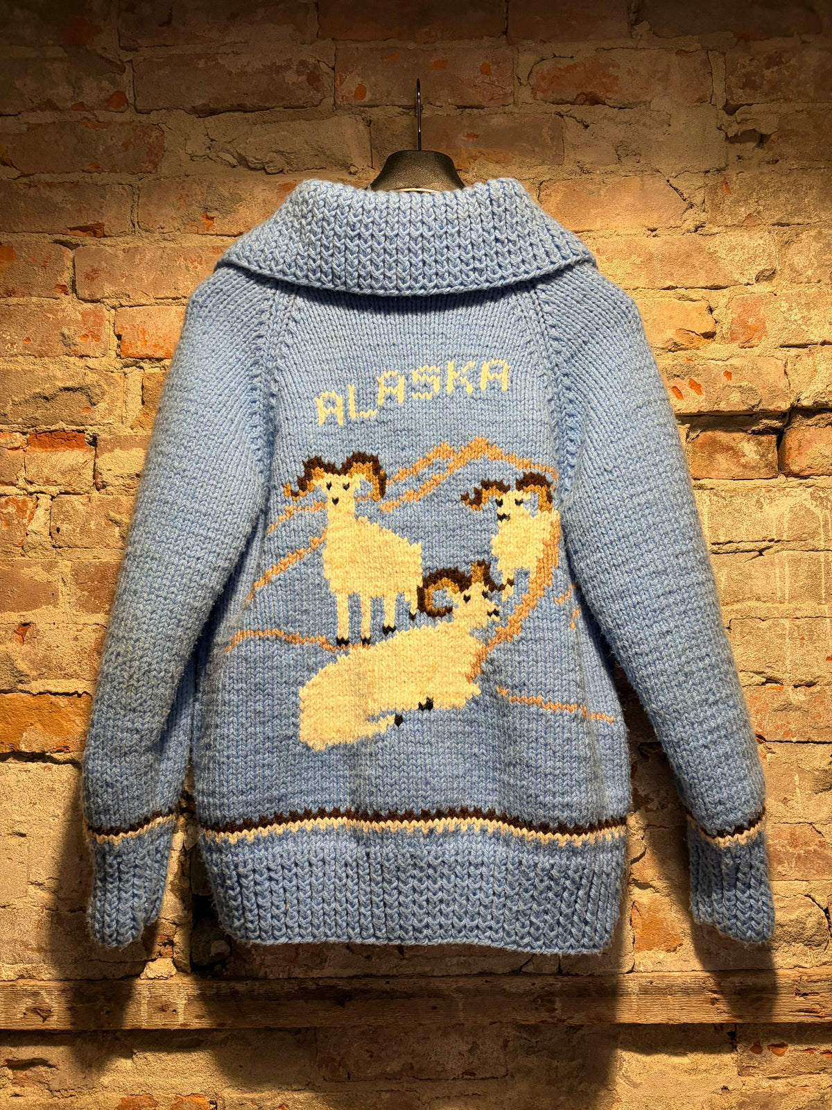 Back of Vintage 1960s Alaska Ram KE Cowichan Sweater Sz M