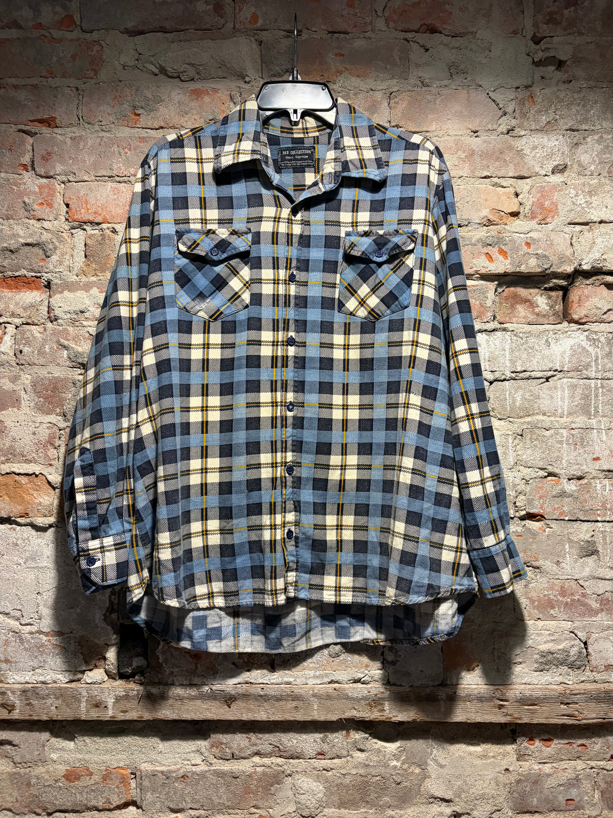 Front of Vintage 313 Blue and Yellow Flannel SZ XL