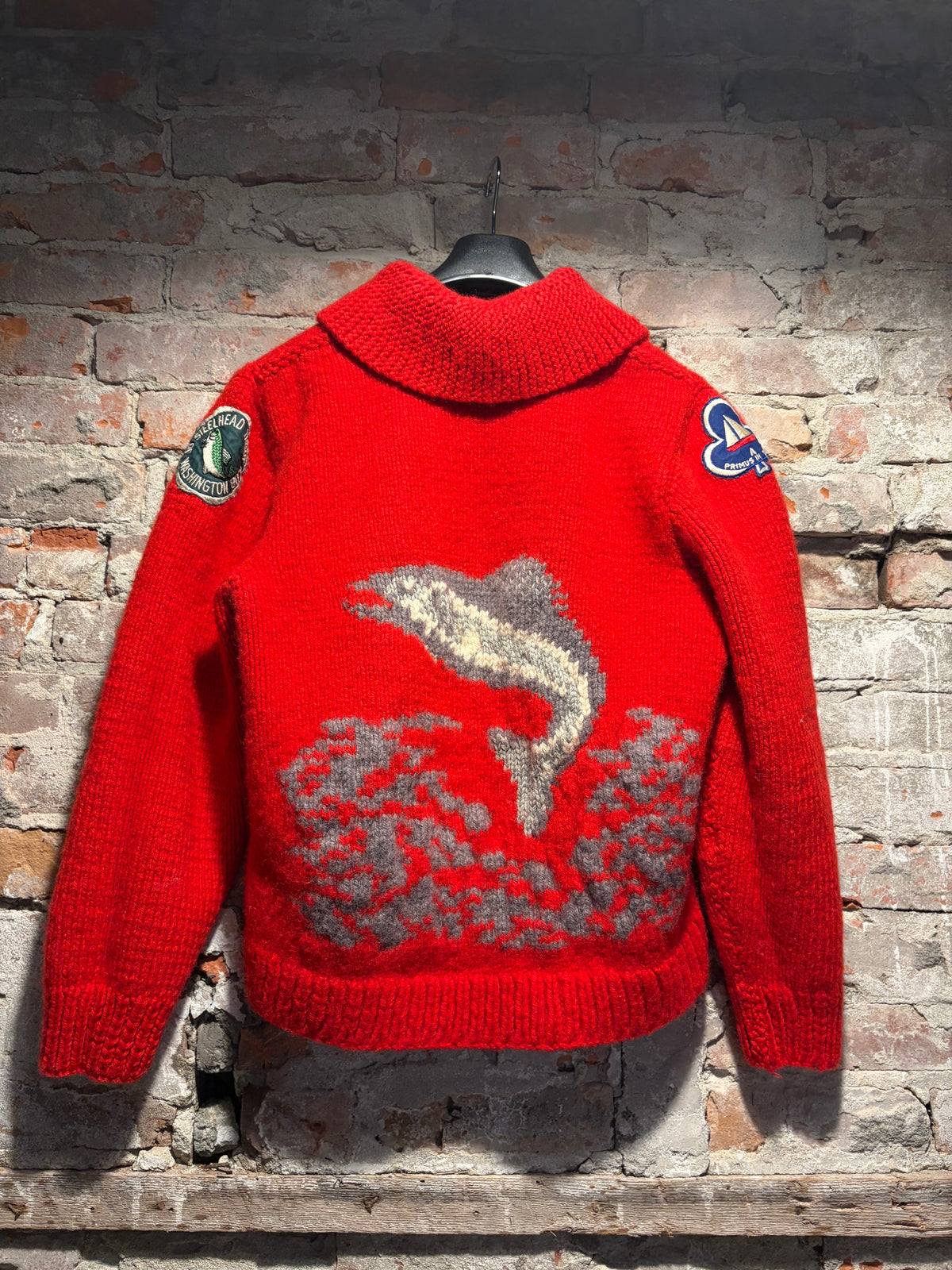 Back of Vintage 1950s Fishing Patched Cowichan Wool Sweater SZ M