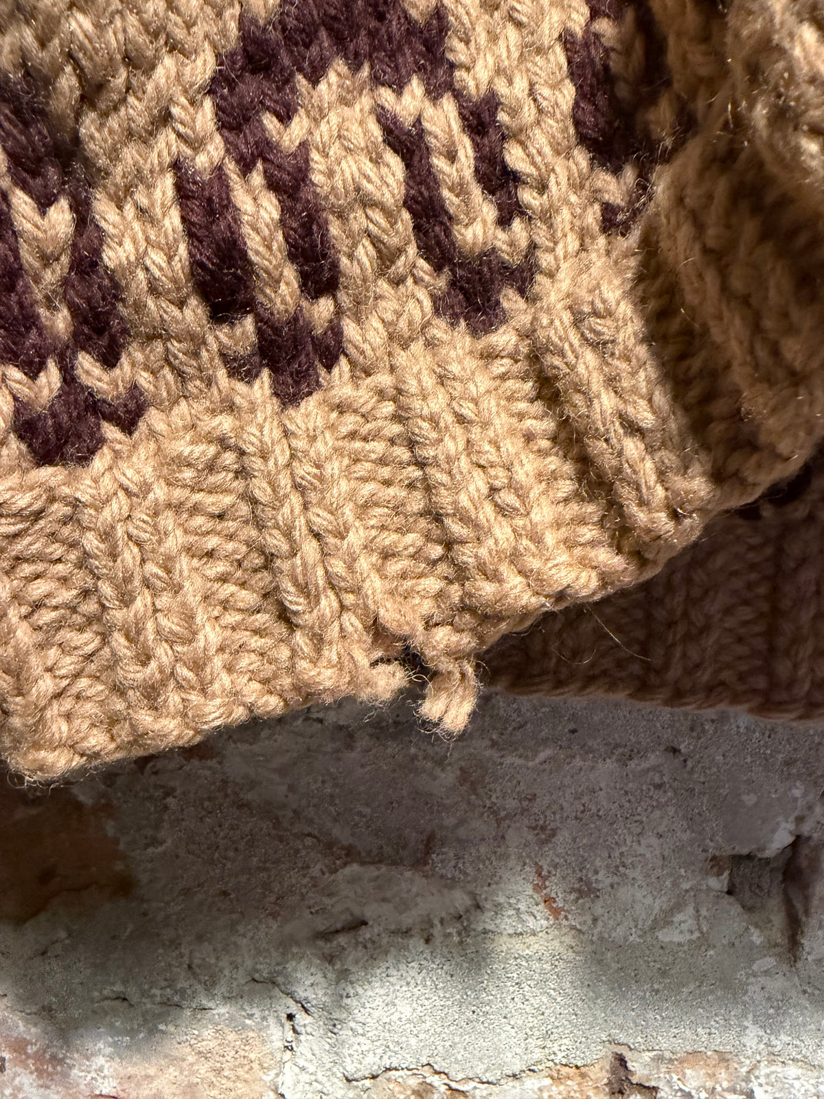 Tear on Vintage Light Brown Deer Cowichan Style Sweater Sz S