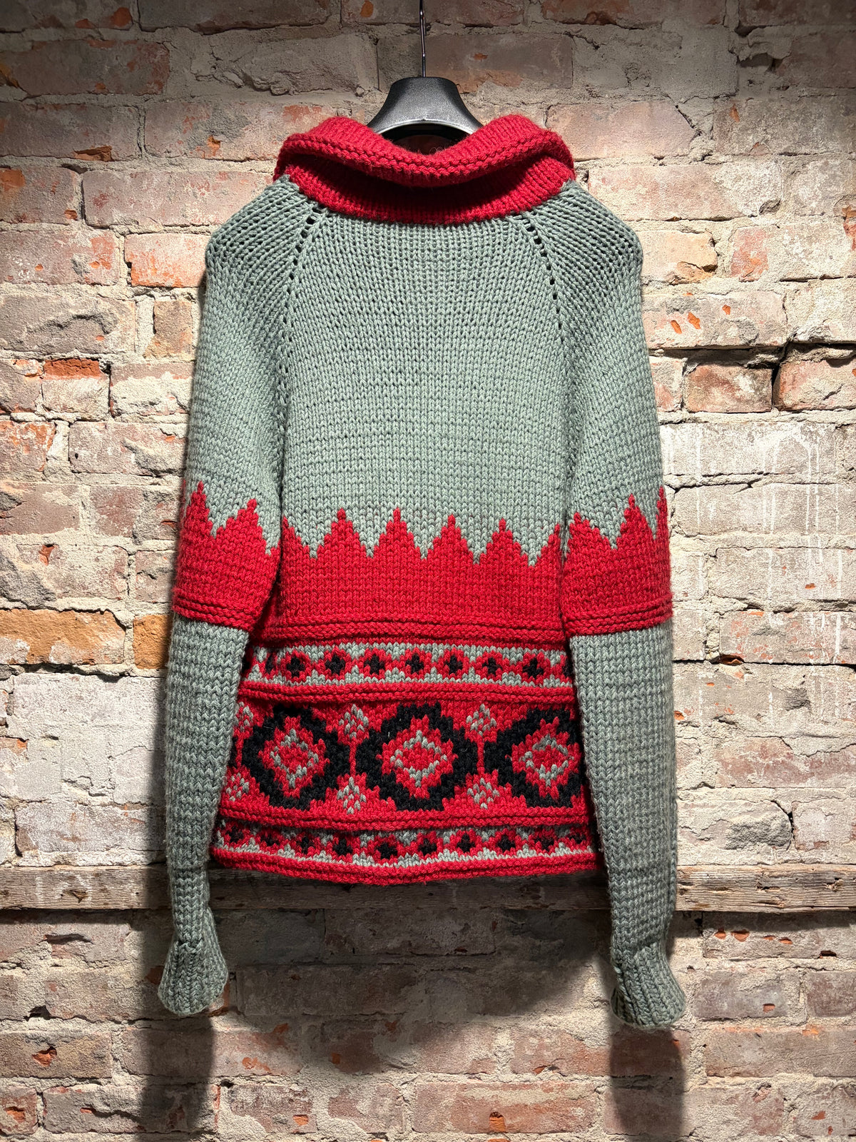 Back of Vintage Gray and Red Pattern Cowichan Sweater