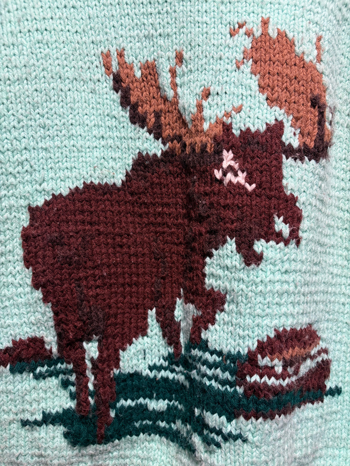 Back Design on Vintage Mint Chocolate Moose Cowichan Sweater SZ L