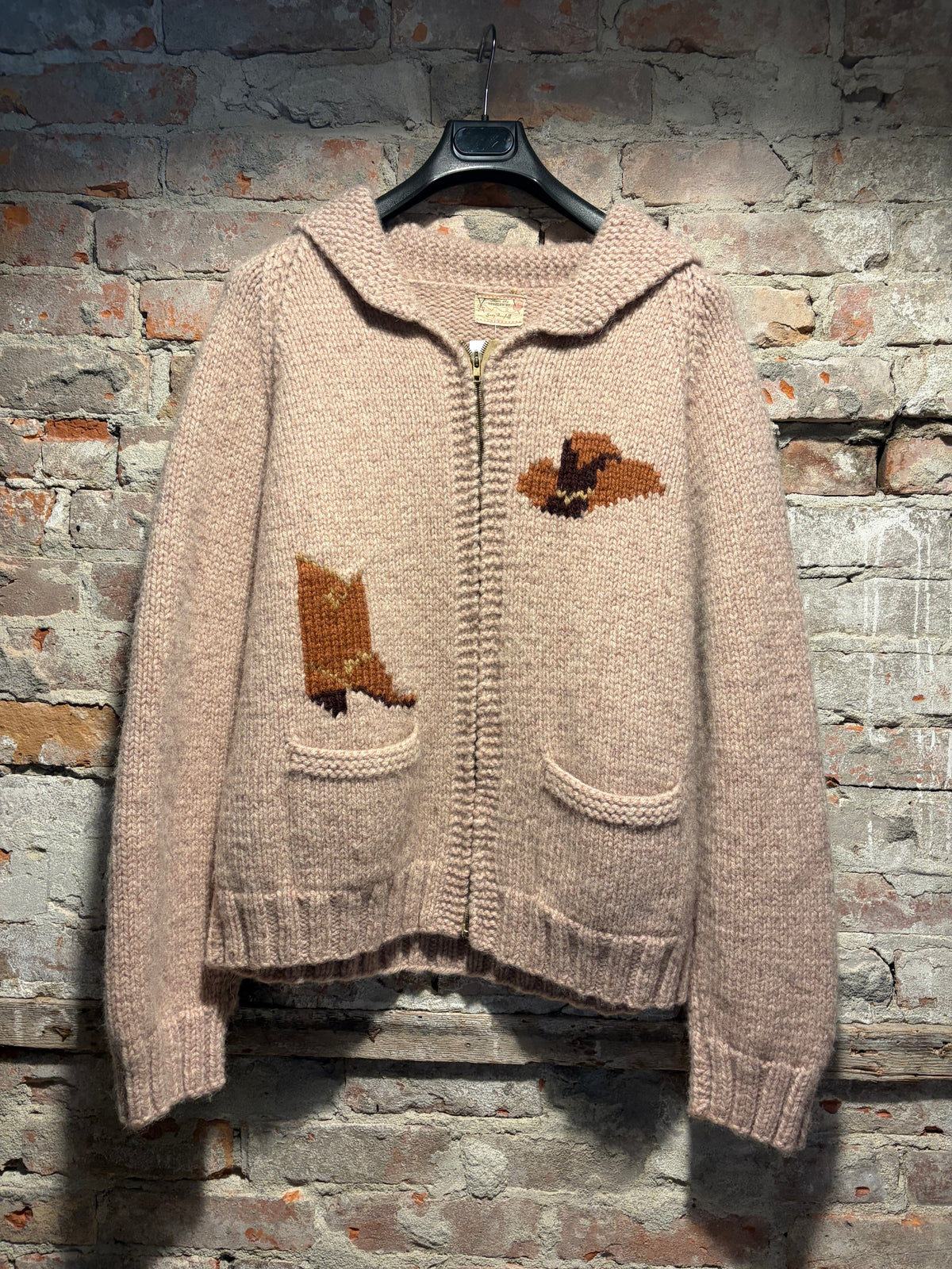 Front of Vintage 1950s Bucking Bronco Cowichan Sweater Sz L