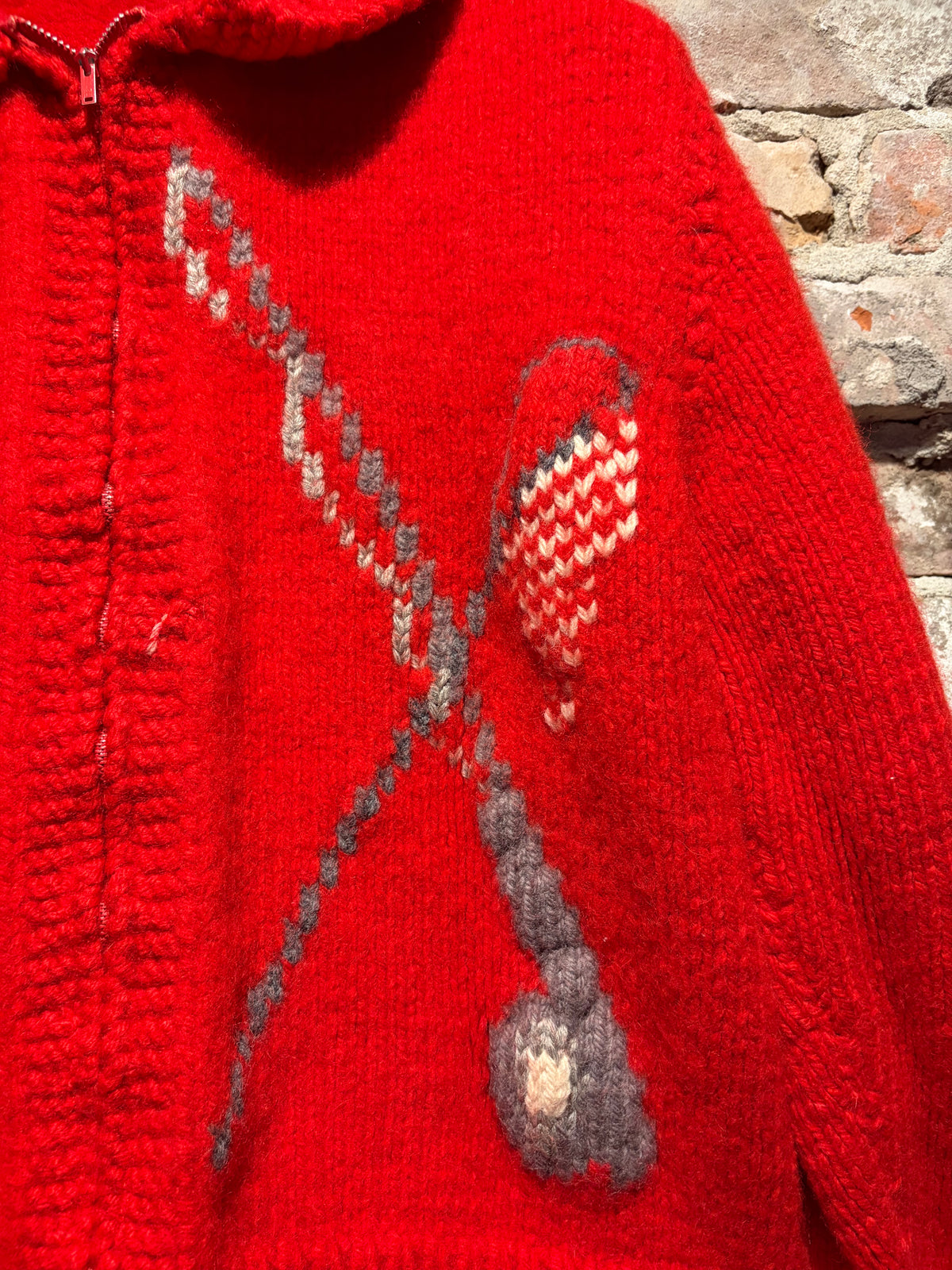 Front Design on Vintage 1950s Fishing Patched Cowichan Wool Sweater SZ M