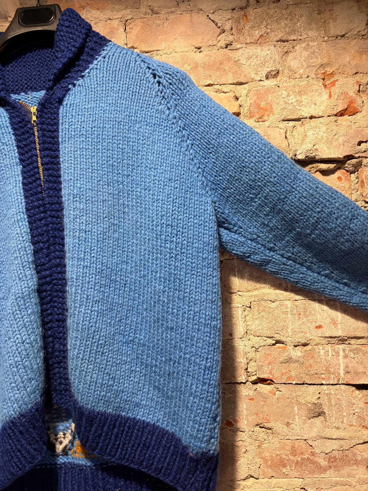 Left Sleeve of Vintage 1950s Blue Motorcycle Cowichan Sz L