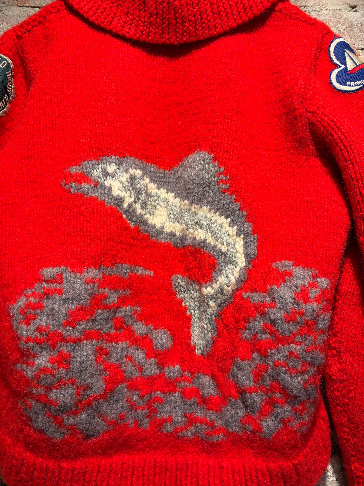 Back Design on Vintage 1950s Fishing Patched Cowichan Wool Sweater SZ M