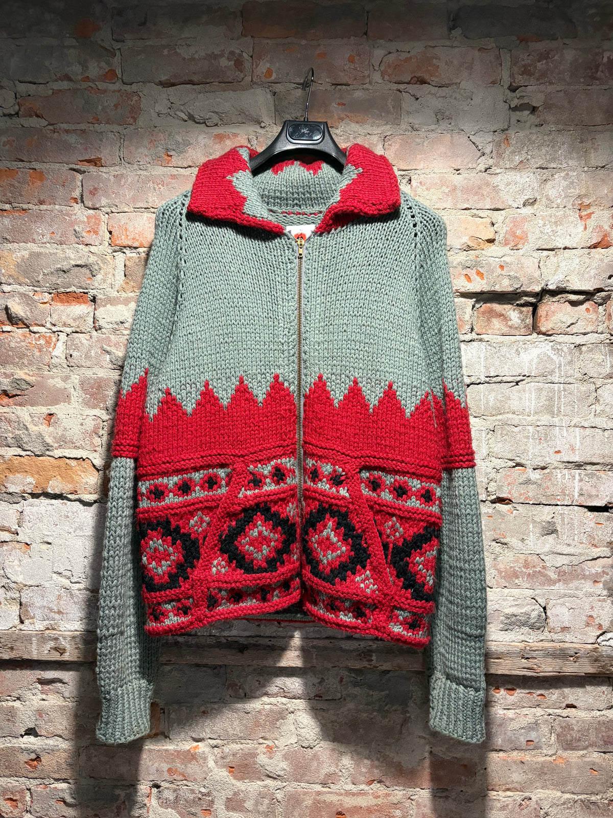 Front of Vintage Gray and Red Pattern Cowichan Sweater