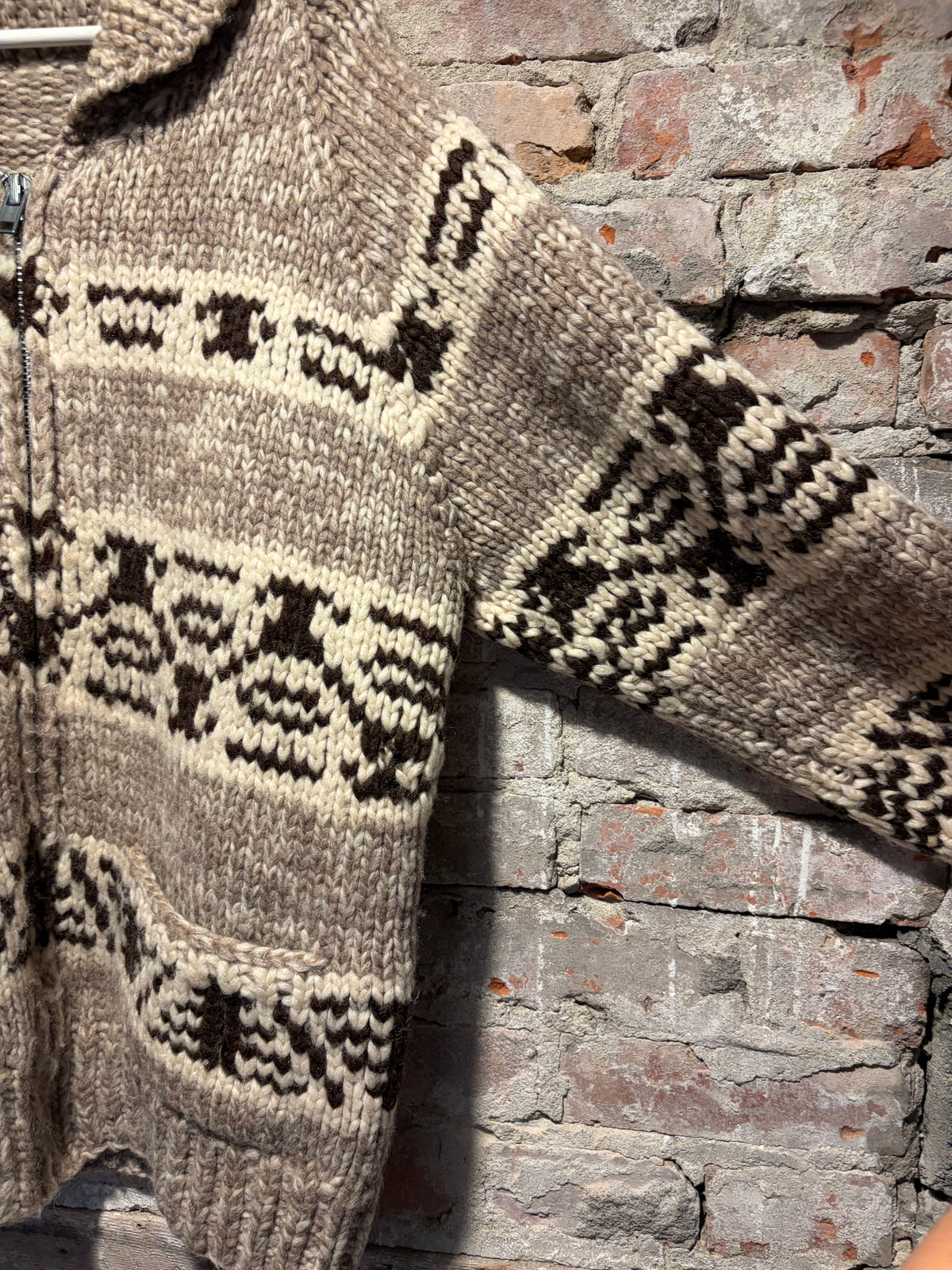 Wear on Vintage Brown and White Stripe Cowichan Sweater Sz XL