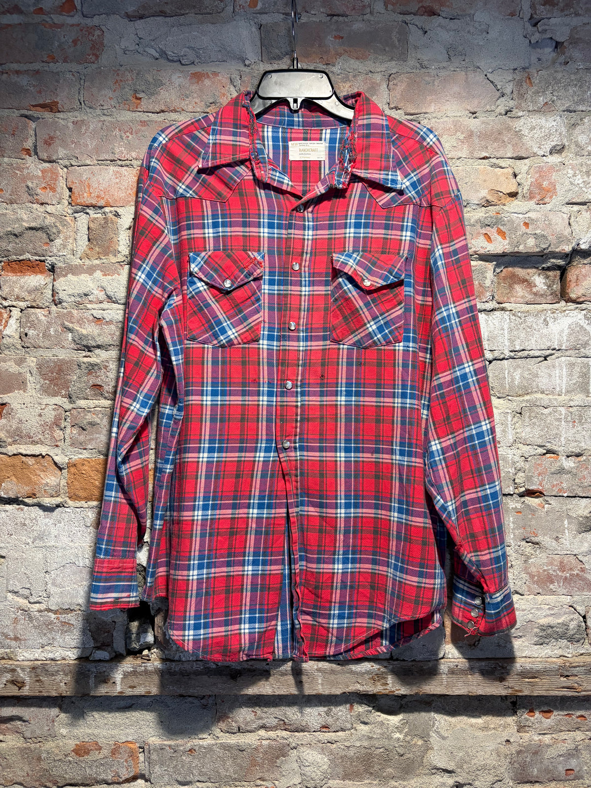 Front of 1970s RanchCraft Distressed Repaired Cotton Western Flannel SZ XL