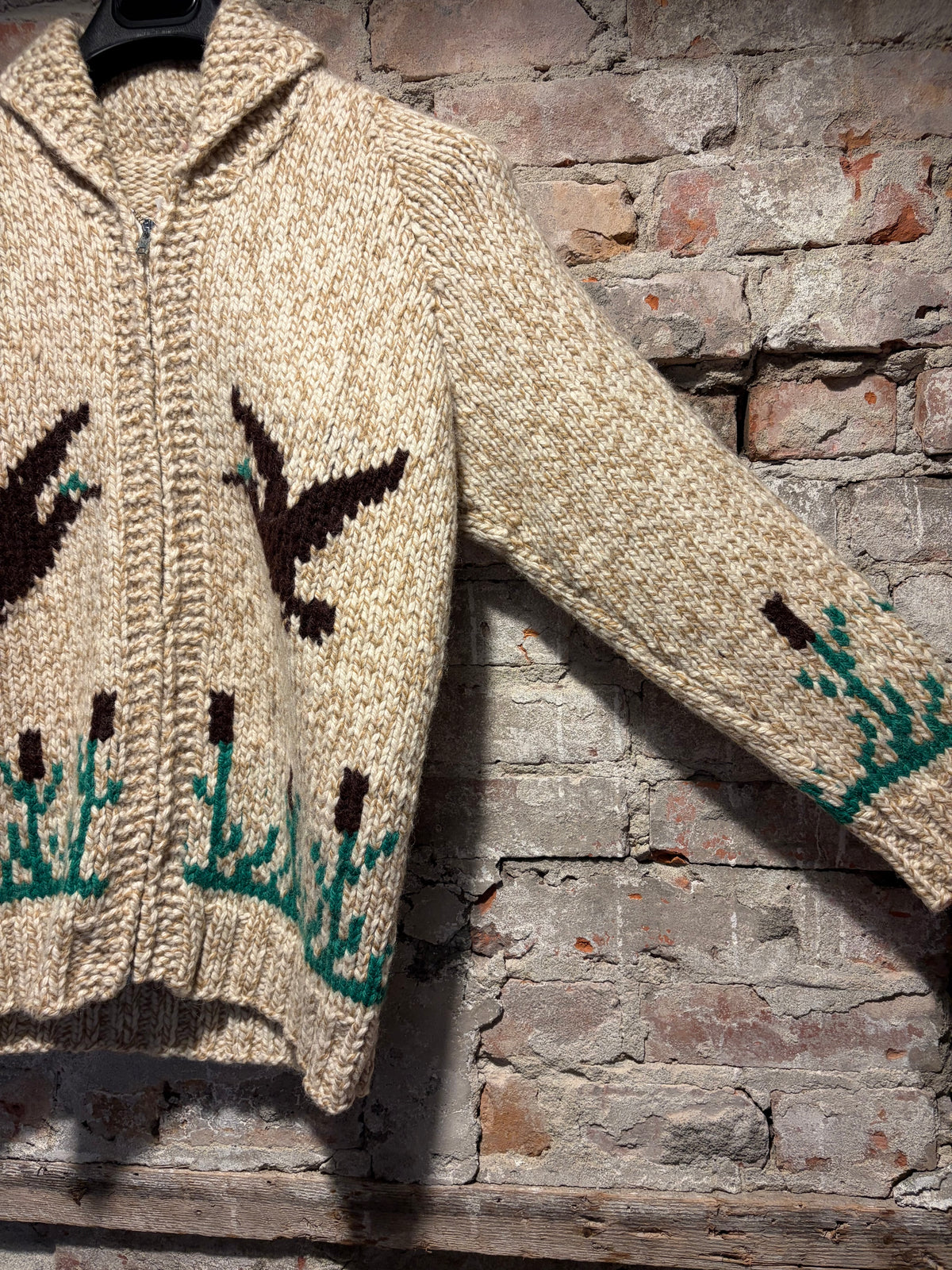 Sleeve on Vintage 1950s Flying Ducks Cowichan Wool Sweater SZ S