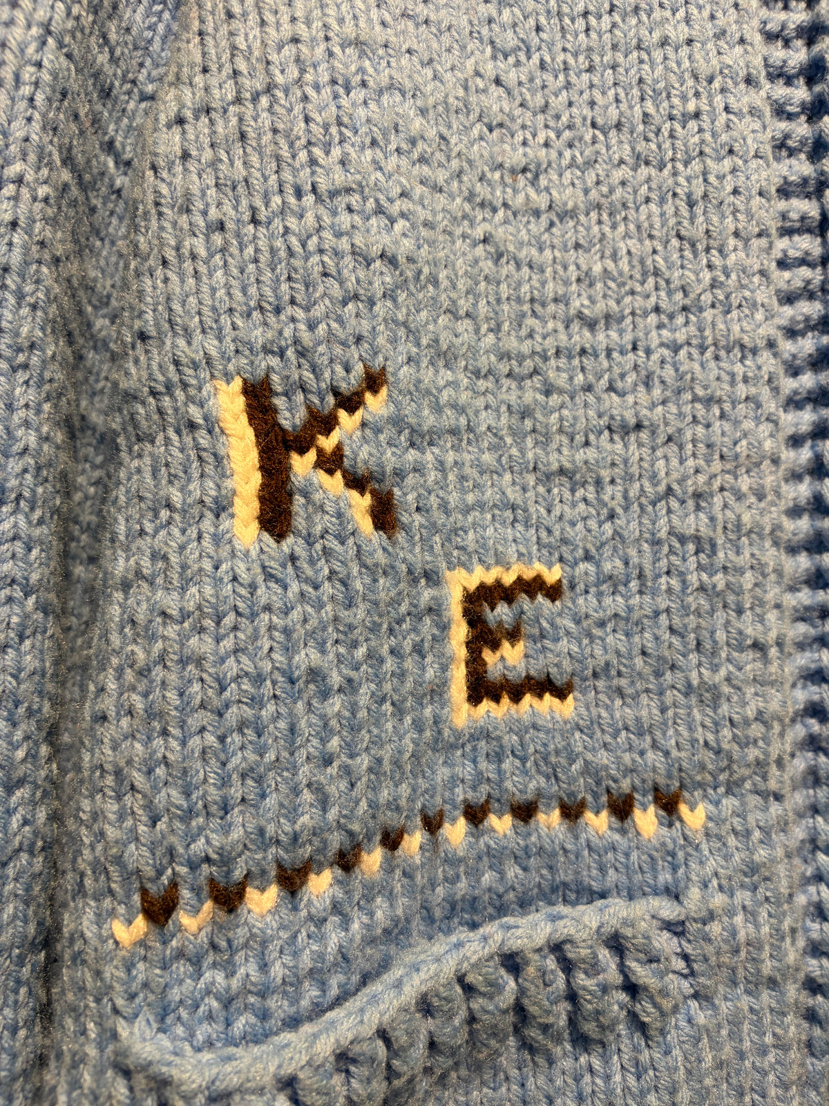 Initials on Vintage 1960s Alaska Ram KE Cowichan Sweater Sz M