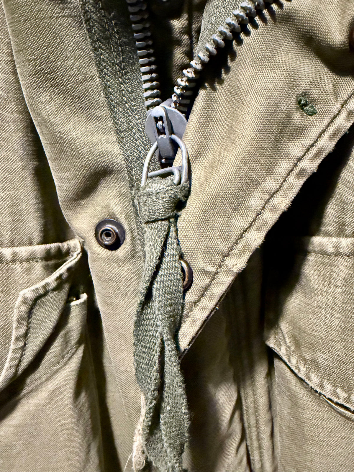 Crown Zipper Pull on Vintage Distressed Military Cargo Jacket Sz M