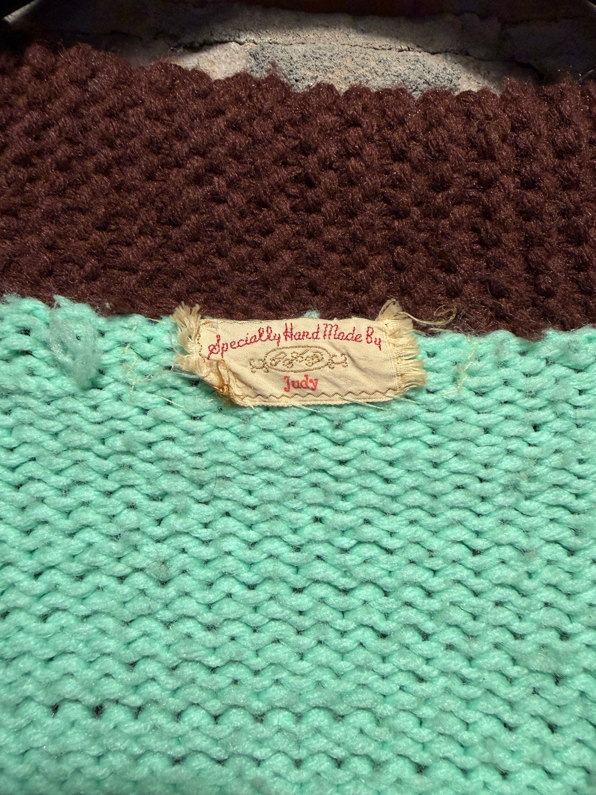 Label on Vintage Mint Chocolate Moose Cowichan Sweater SZ L