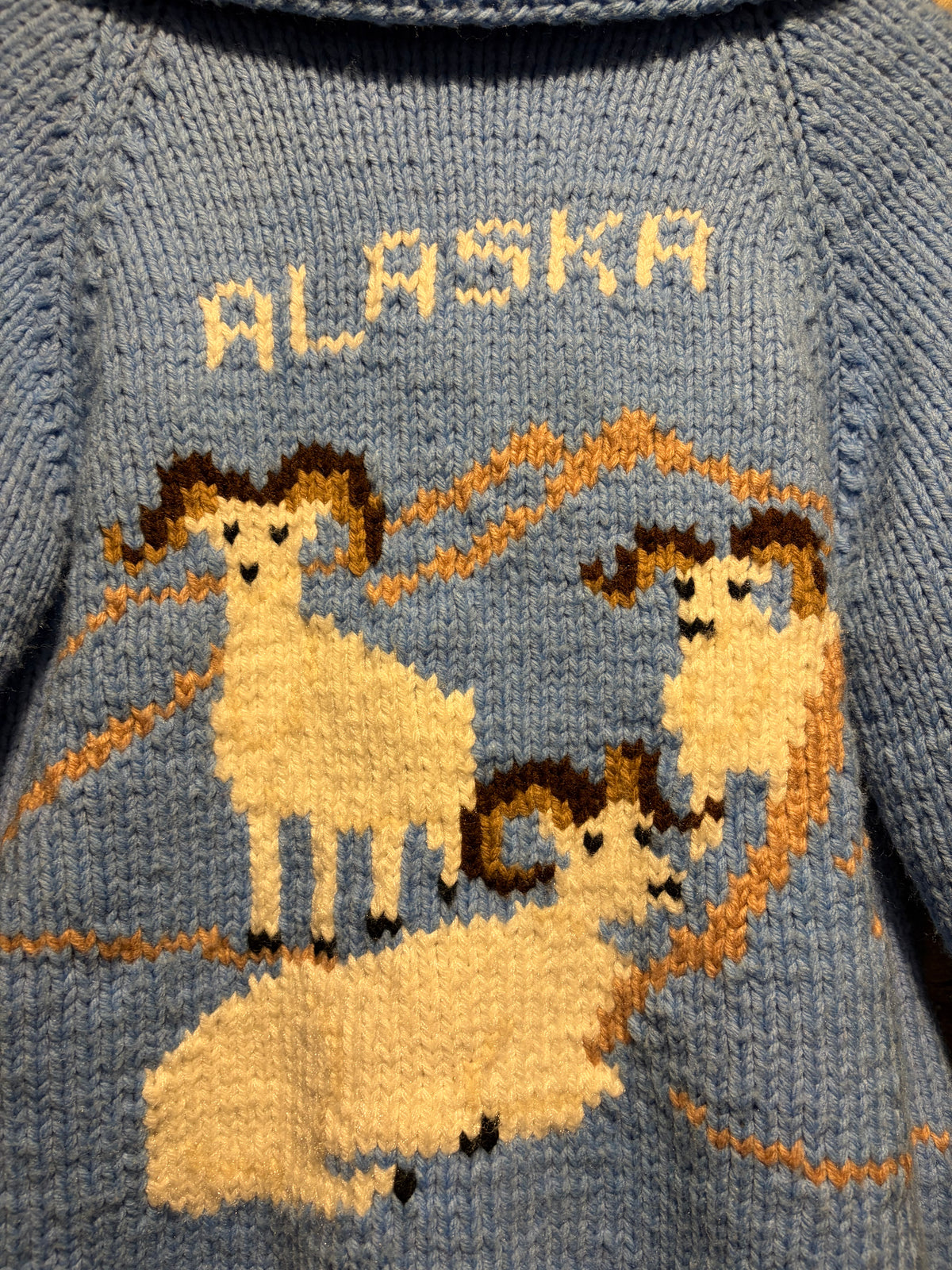 Back Design of Vintage 1960s Alaska Ram KE Cowichan Sweater Sz M