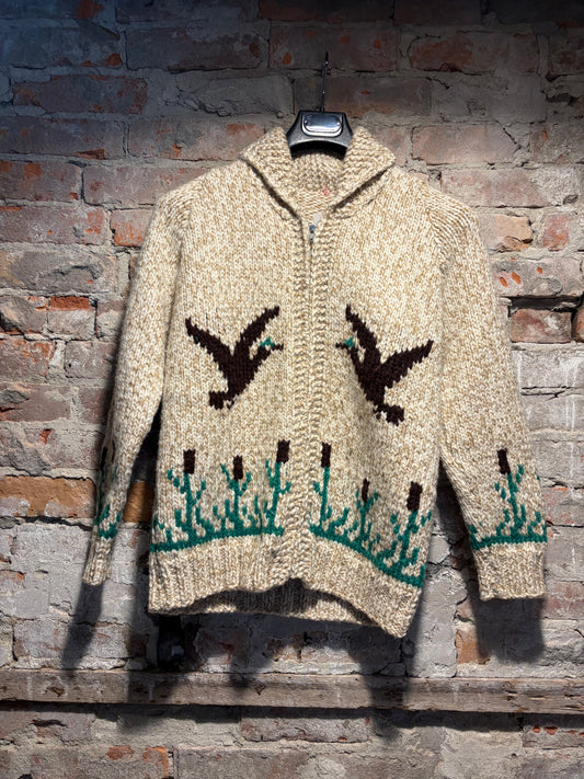 Front of Vintage 1950s Flying Ducks Cowichan Wool Sweater SZ S