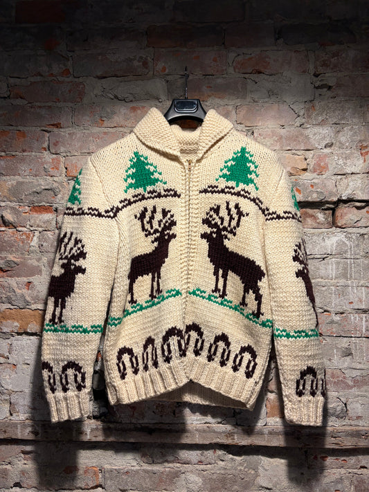 Front of 1960s Cream Deer Cowichan Sweater SZ L
