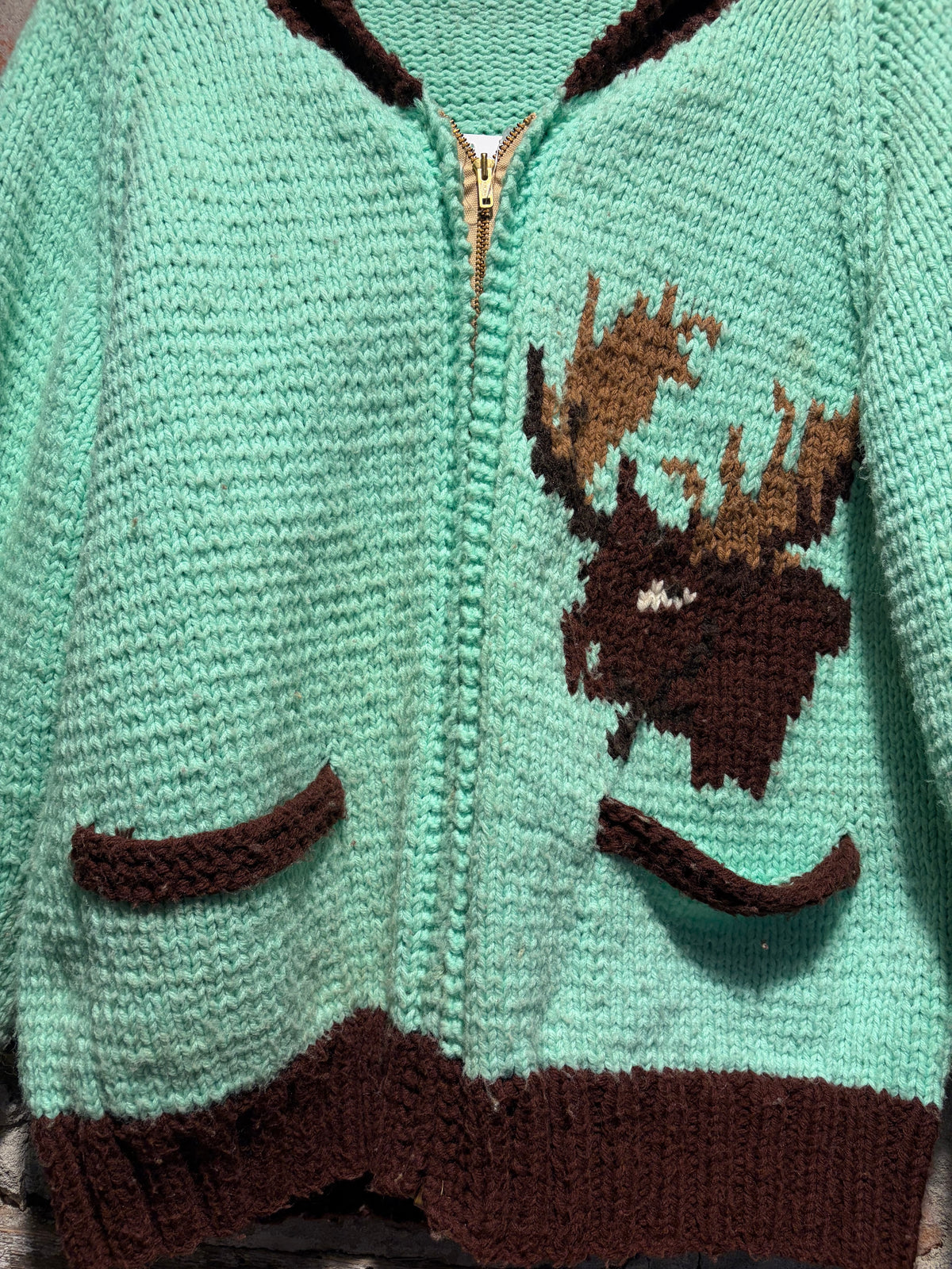 Zipper on Vintage Mint Chocolate Moose Cowichan Sweater SZ L