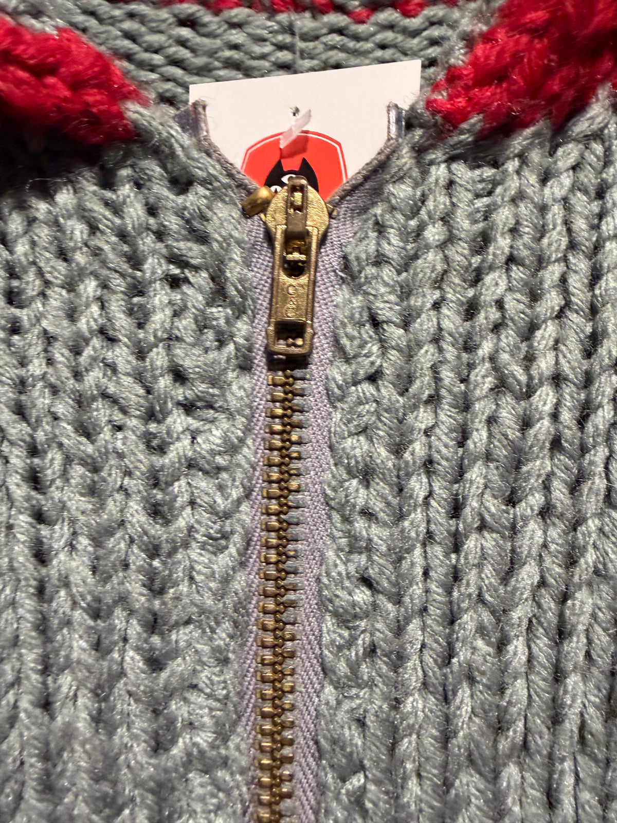 Zipper on Vintage Gray and Red Pattern Cowichan Sweater