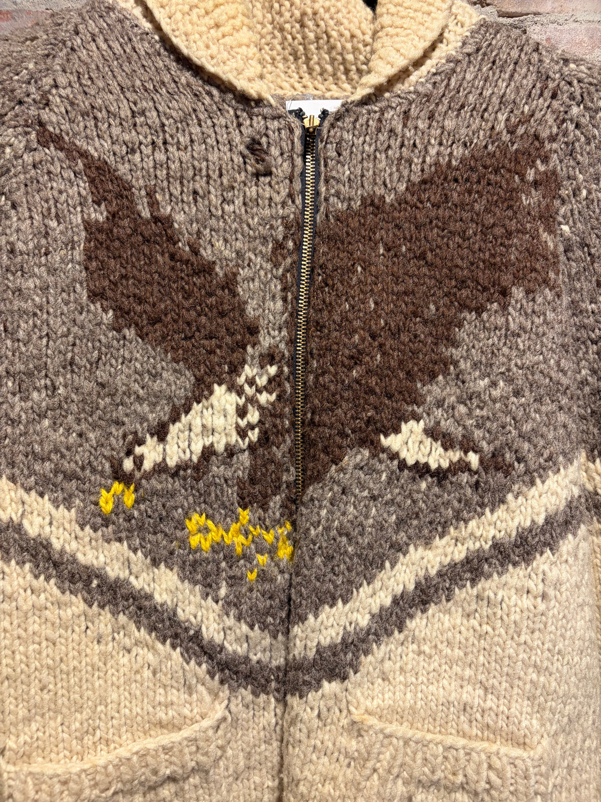 Front Close Up of Vintage Eagle Cowichan Style Sweater SZ M
