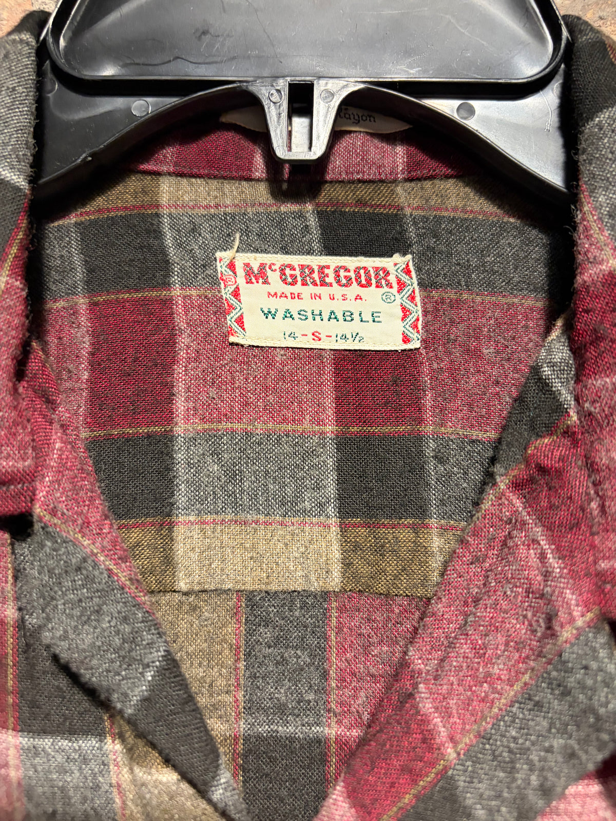 Tag on 1960s Rayon Plaid McGregor Loop Collar Shirt SZ S