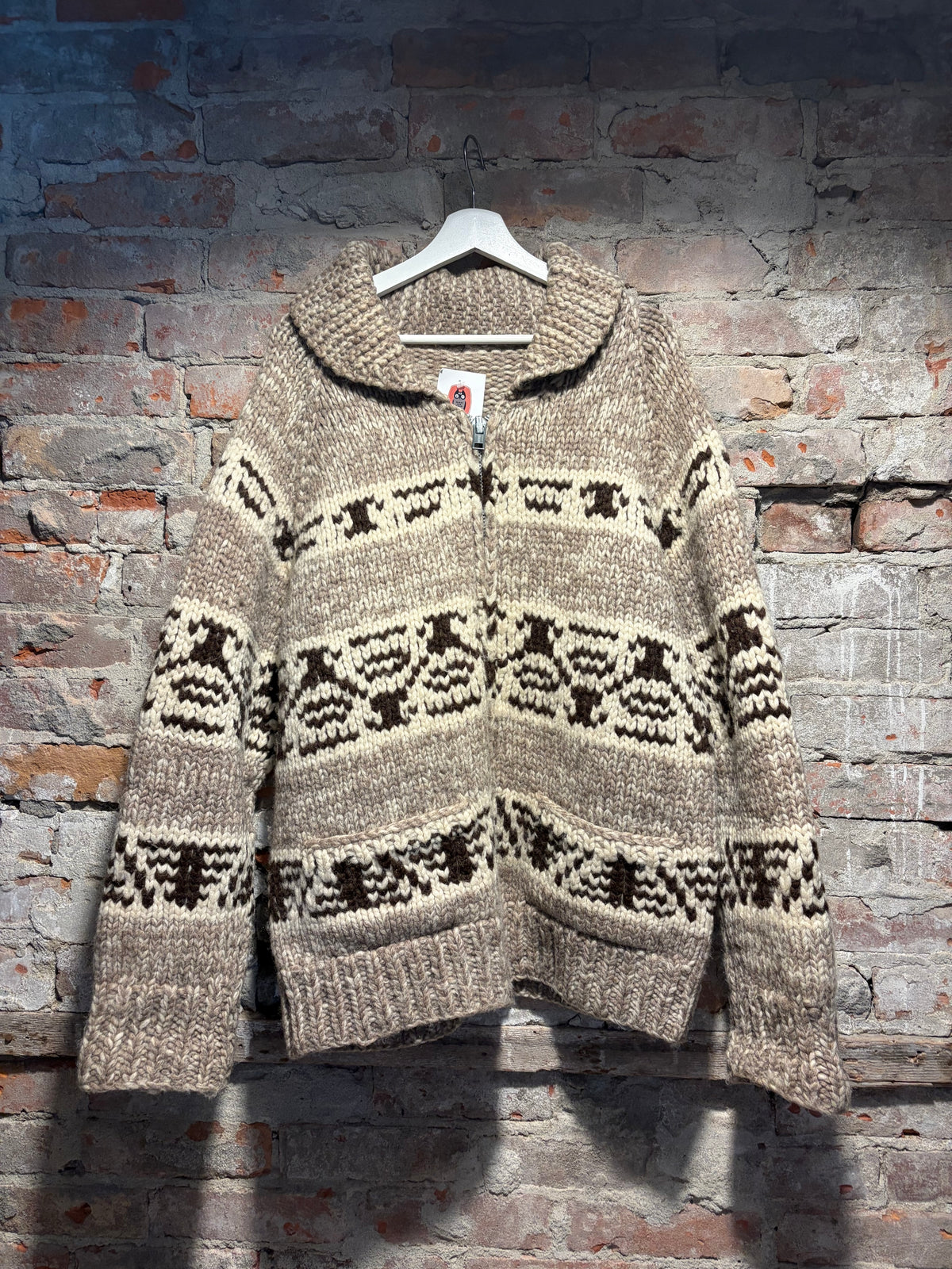 Front of Vintage Brown and White Stripe Cowichan Sweater Sz XL
