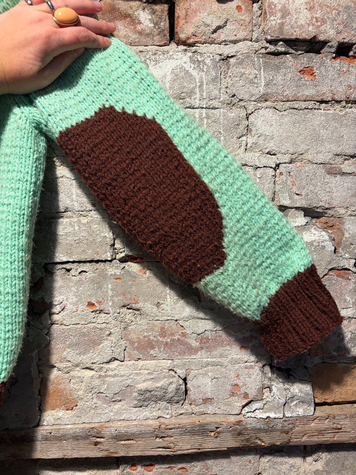 Elbow on Vintage Mint Chocolate Moose Cowichan Sweater SZ L