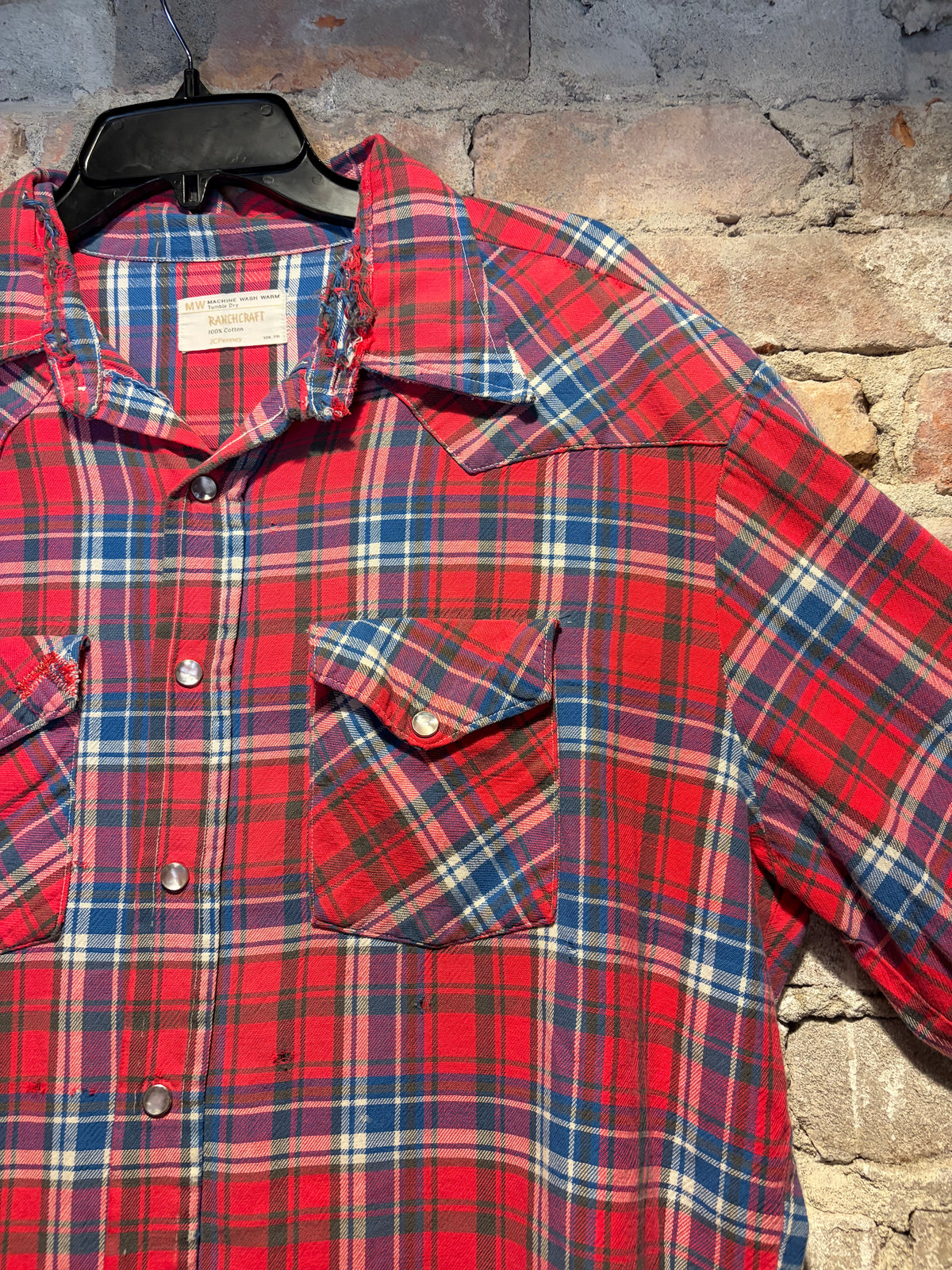 Pocket on 1970s RanchCraft Distressed Repaired Cotton Western Flannel SZ XL
