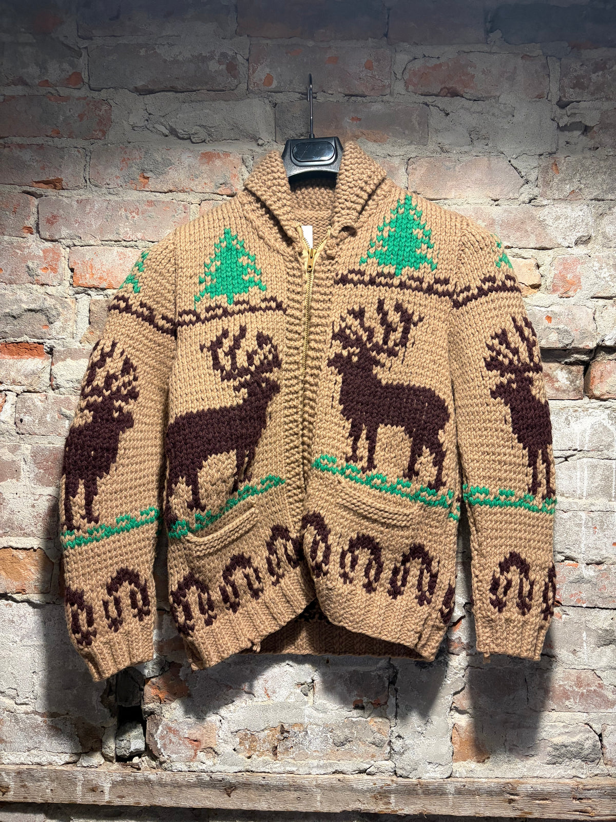 Front of Vintage Light Brown Deer Cowichan Style Sweater Sz S