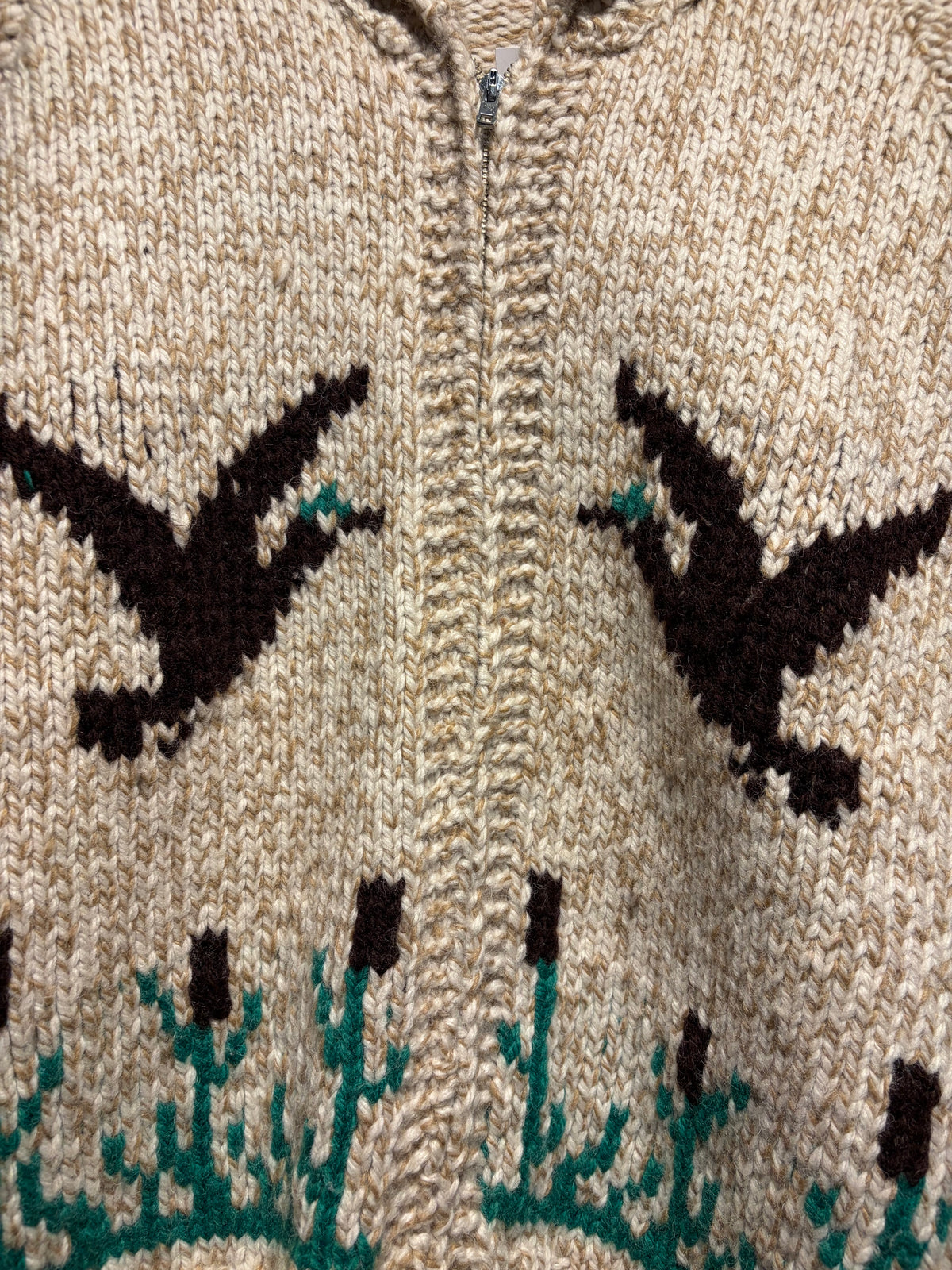 Zipper on Vintage 1950s Flying Ducks Cowichan Wool Sweater SZ S