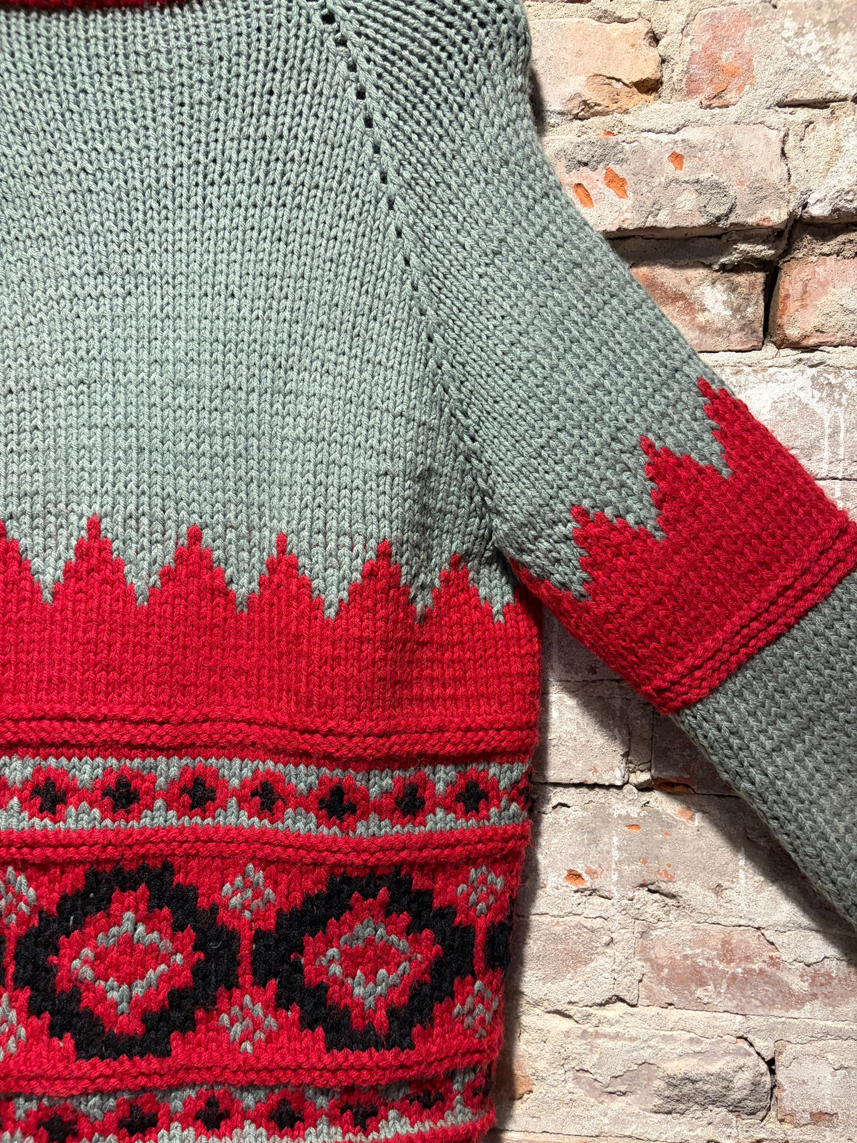Sleeve on Vintage Gray and Red Pattern Cowichan Sweater