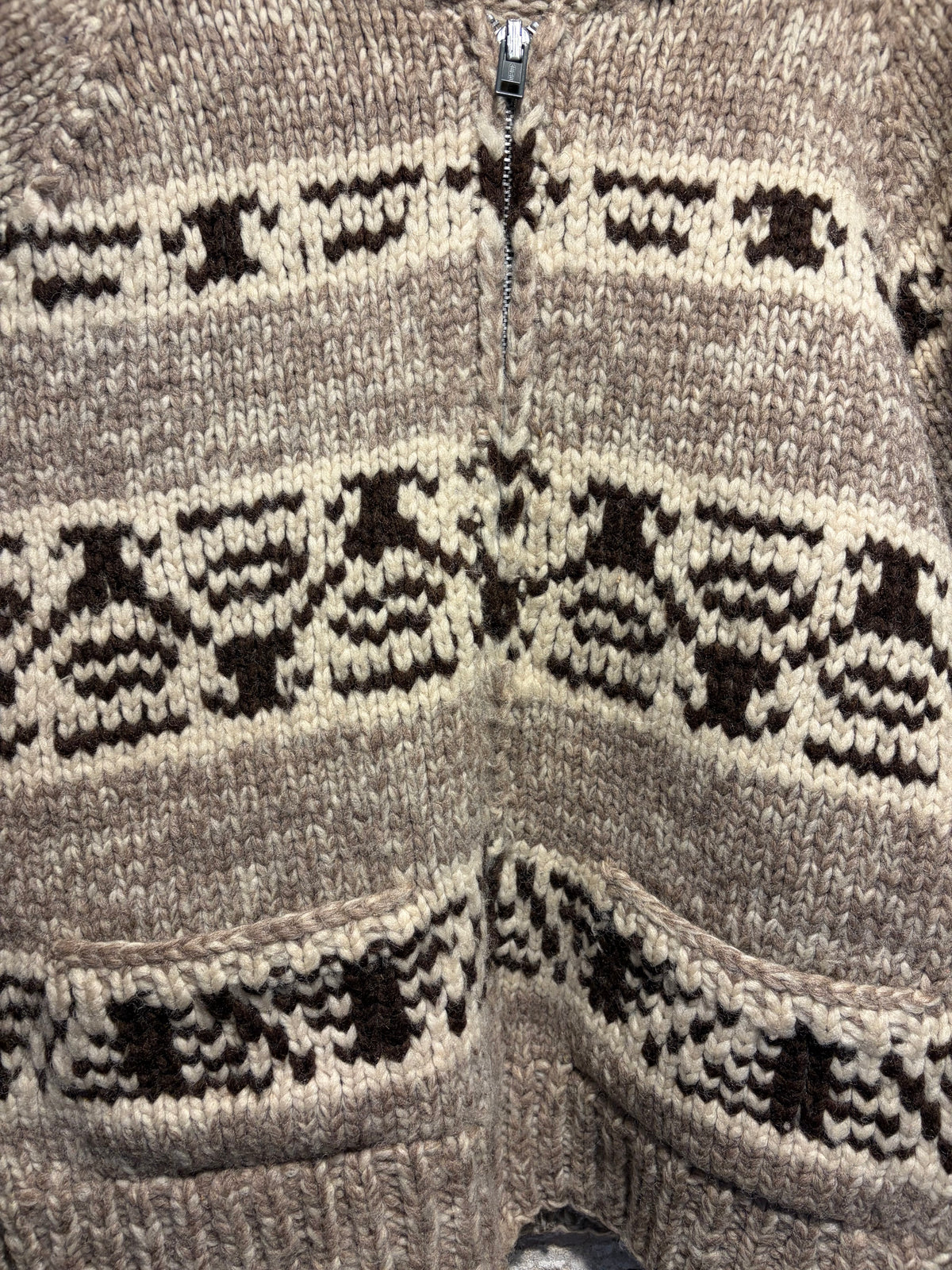 Pattern on Vintage Brown and White Stripe Cowichan Sweater Sz XL