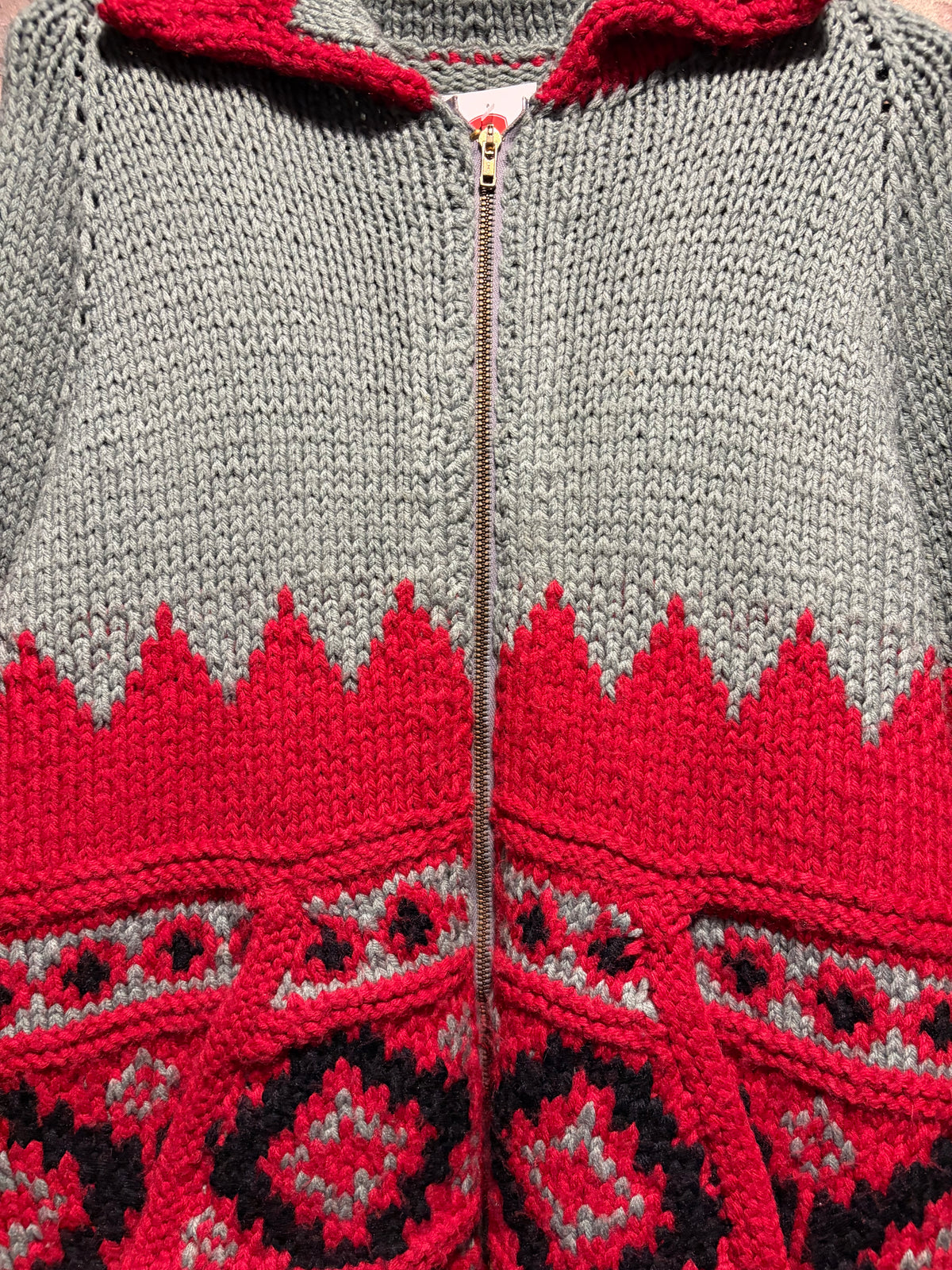 Zipper on Vintage Gray and Red Pattern Cowichan Sweater