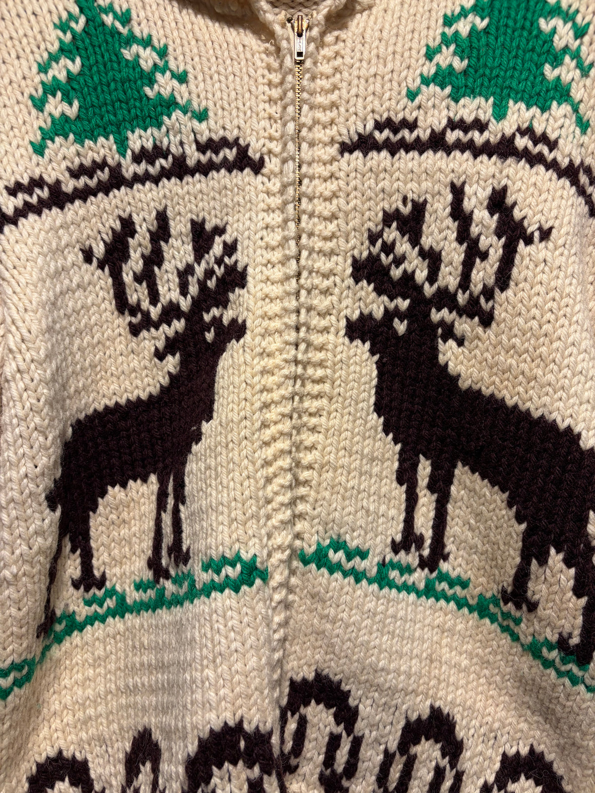 Front Close Up of 1960s Cream Deer Cowichan Sweater SZ L