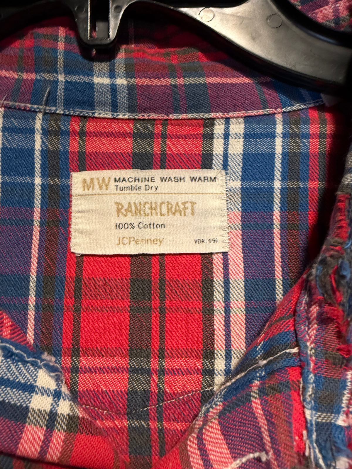 Tag on 1970s RanchCraft Distressed Repaired Cotton Western Flannel SZ XL