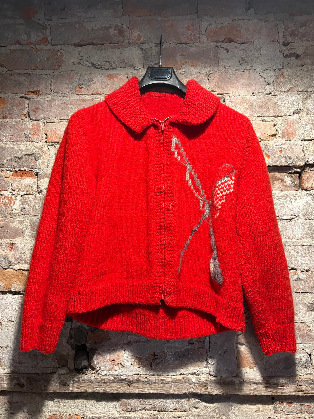 Front Close Up of Vintage 1950s Fishing Patched Cowichan Wool Sweater SZ M