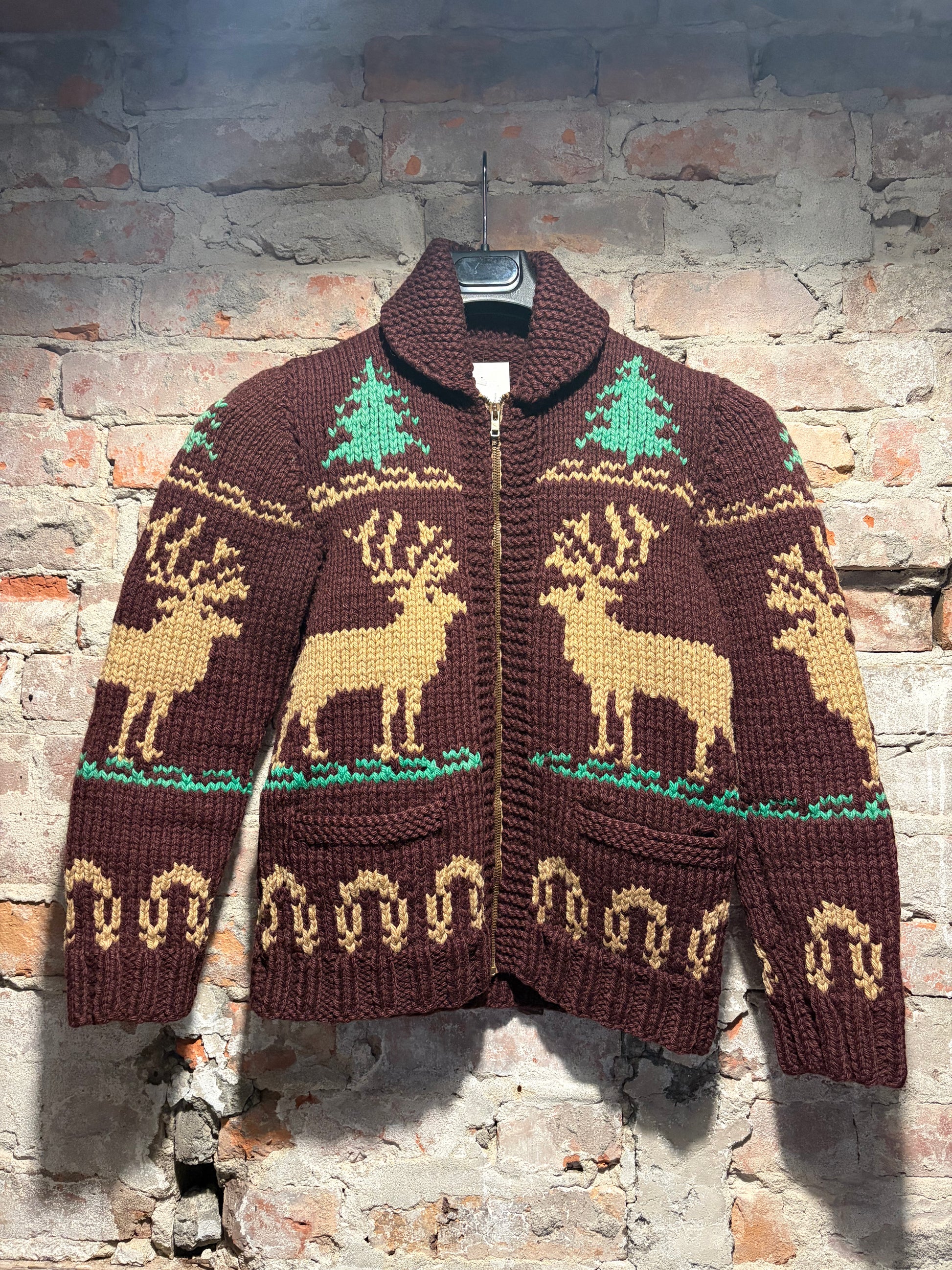 Front of Vintage Chocolate Deer Cowichan Style Sweater Sz S
