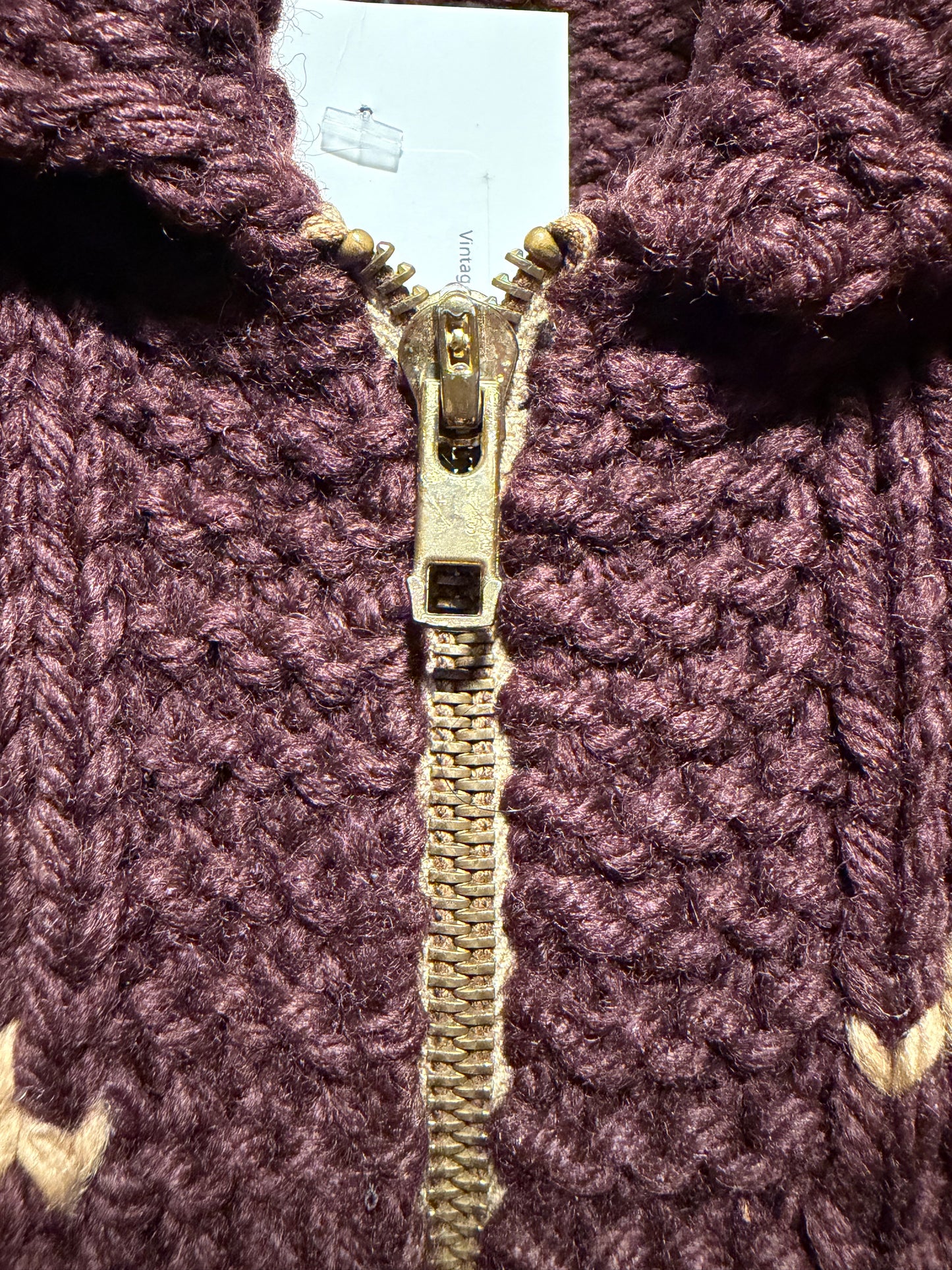 Zipper on Vintage Chocolate Deer Cowichan Style Sweater Sz S