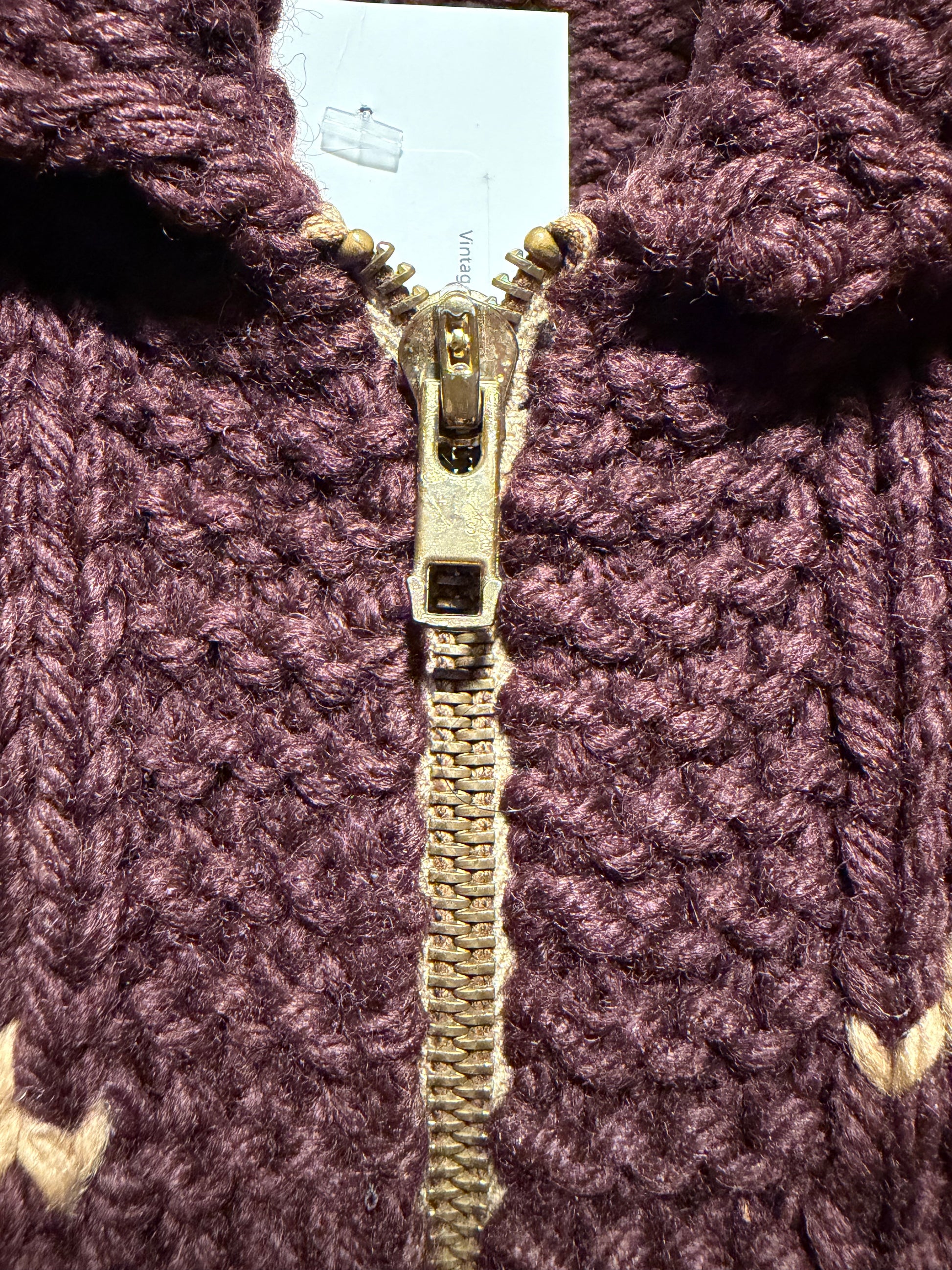 Zipper on Vintage Chocolate Deer Cowichan Style Sweater Sz S