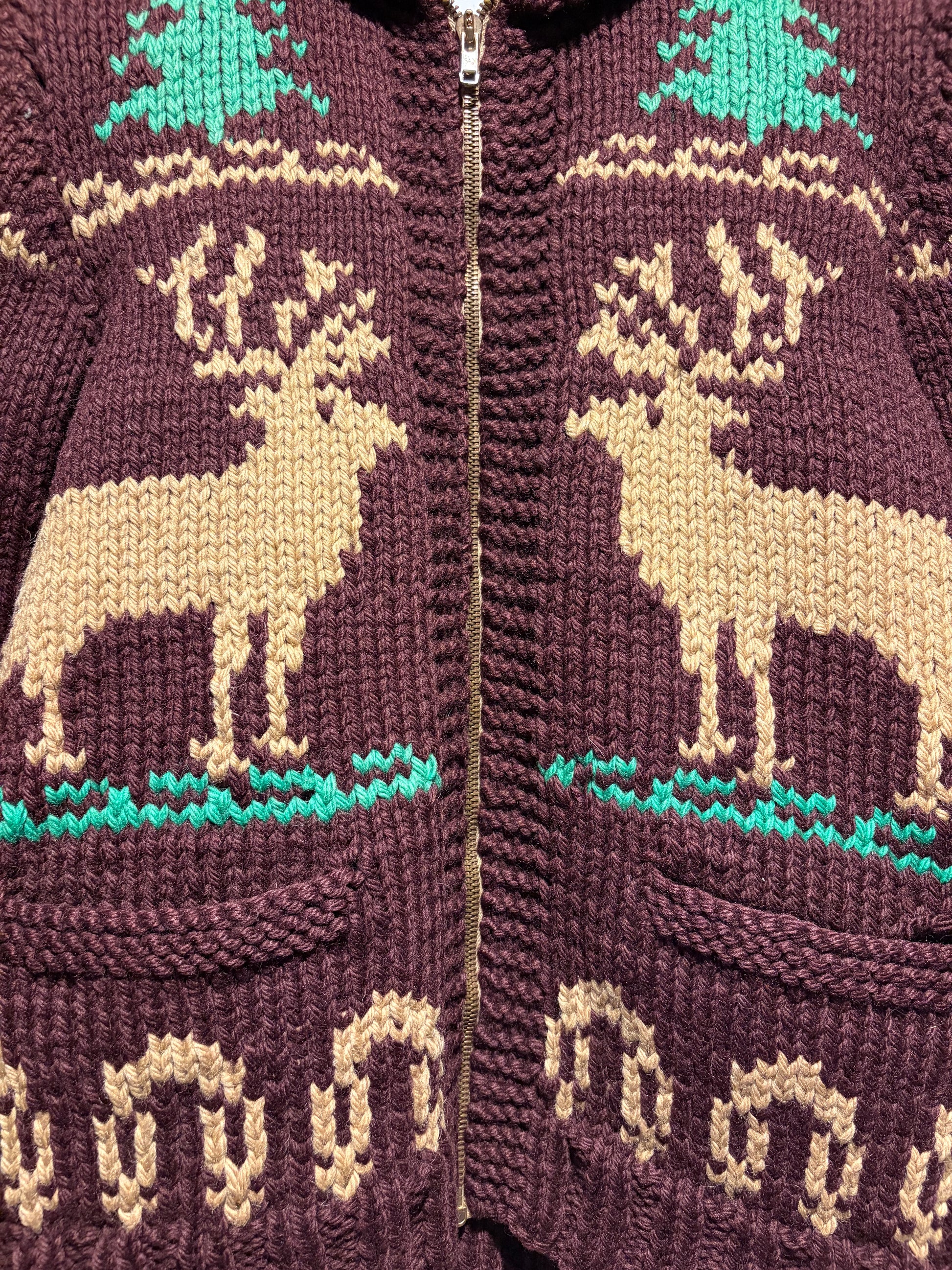 Zipper on Vintage Chocolate Deer Cowichan Style Sweater Sz S