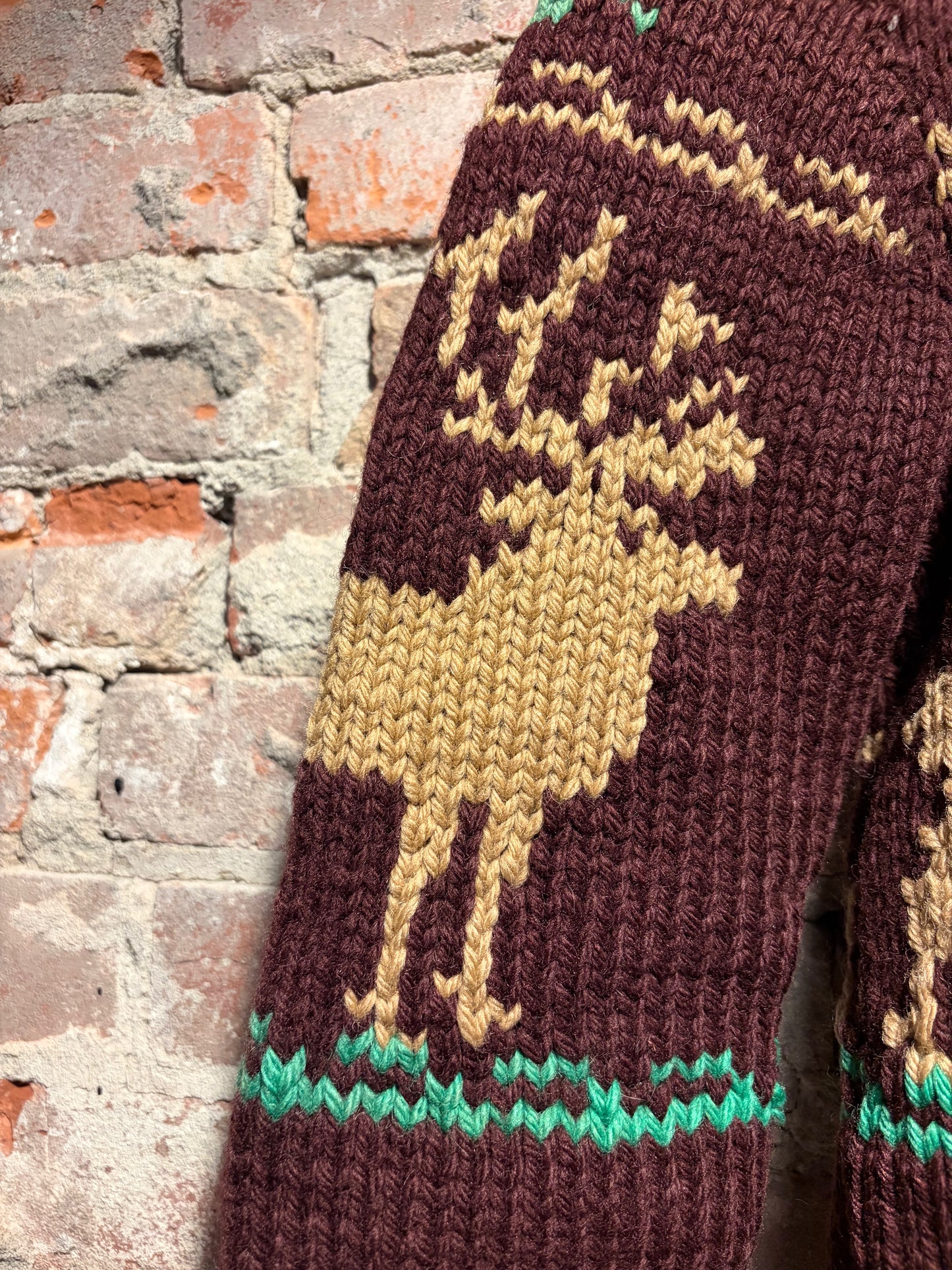 Sleeve on Vintage Chocolate Deer Cowichan Style Sweater Sz S
