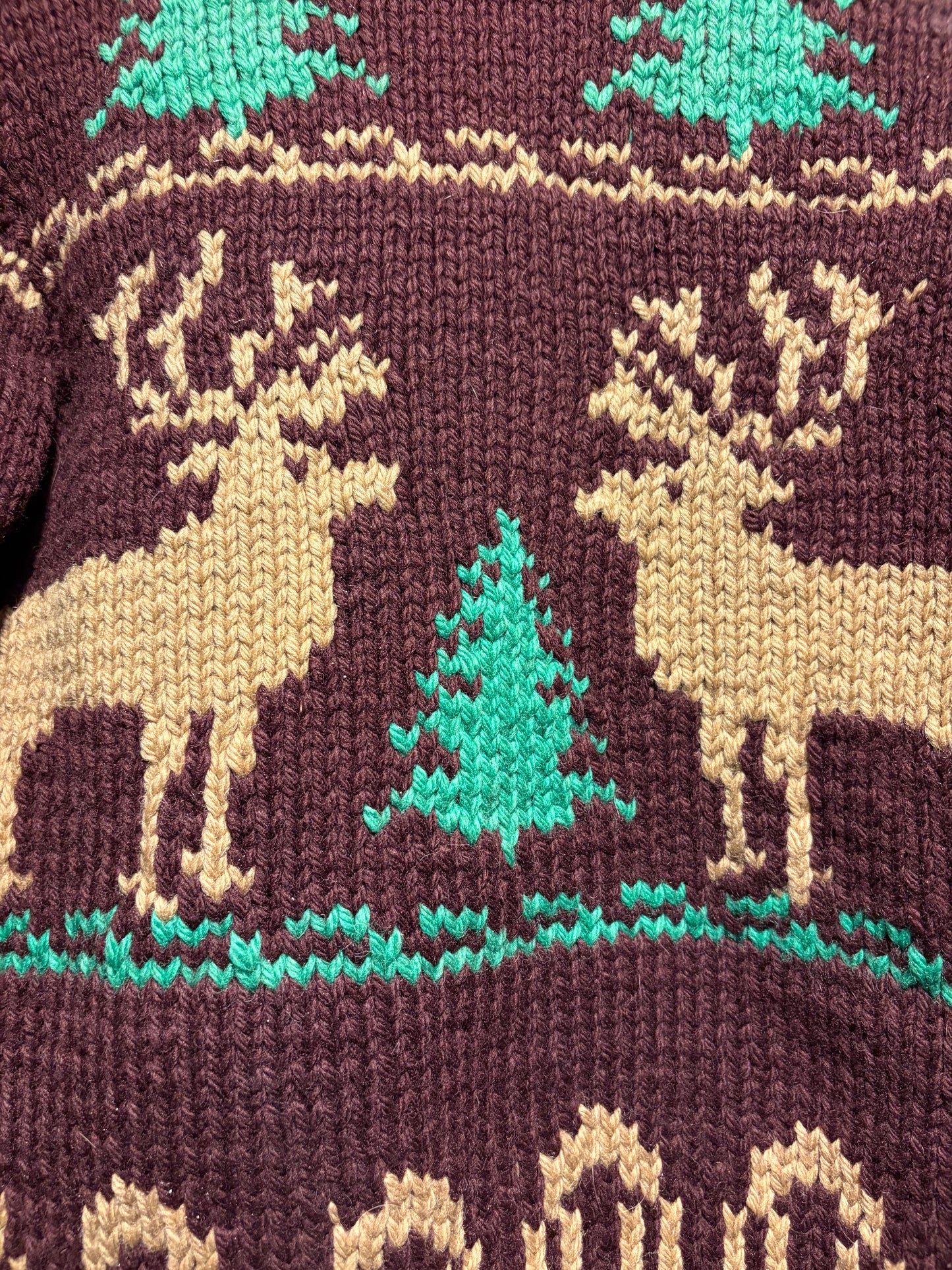 Wear on Vintage Chocolate Deer Cowichan Style Sweater Sz S